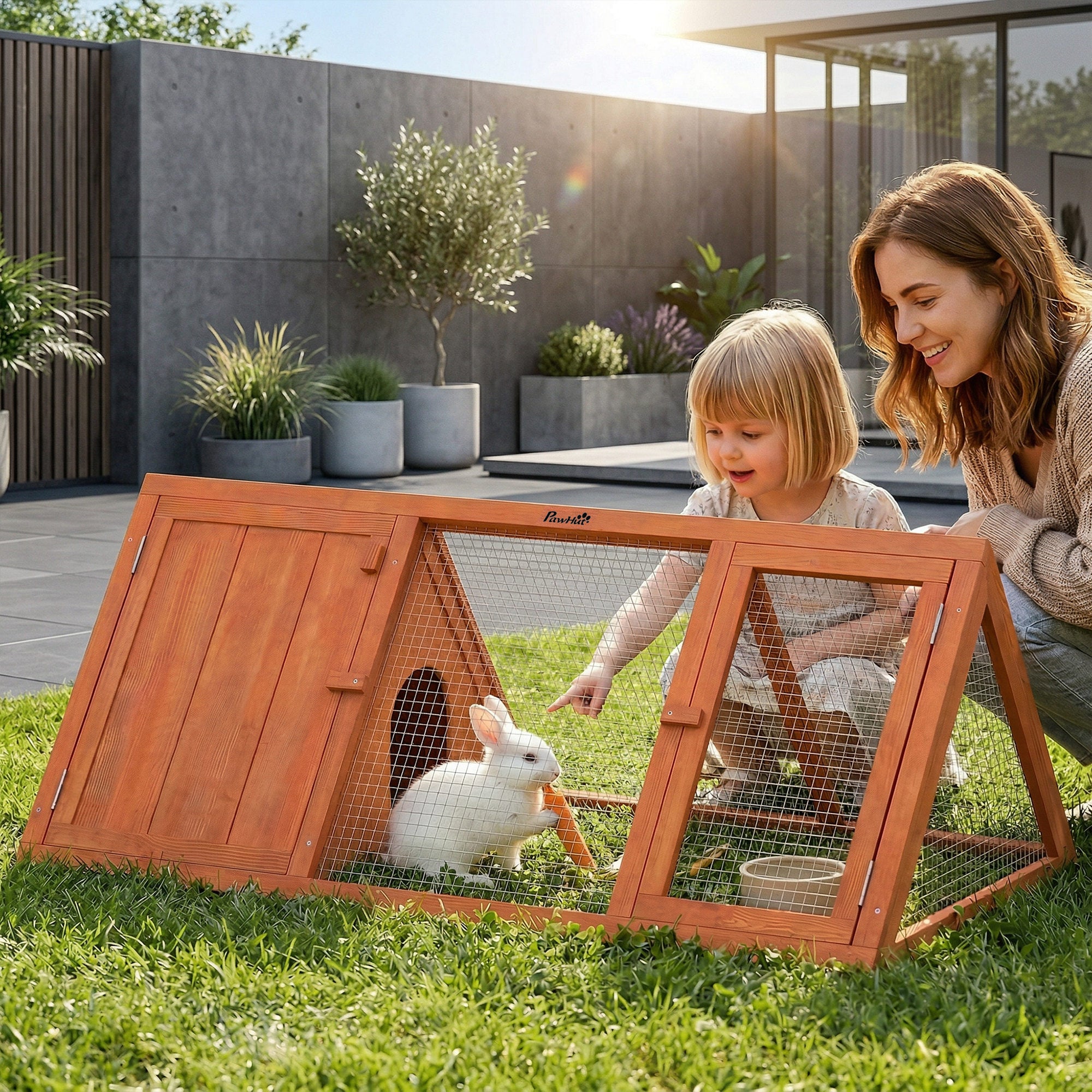 Rabbit Hutch, Wooden Guinea Pig Hutch with Run and Doors, Outdoor Triangle Bunny House for Rabbits,Duck and Chicken