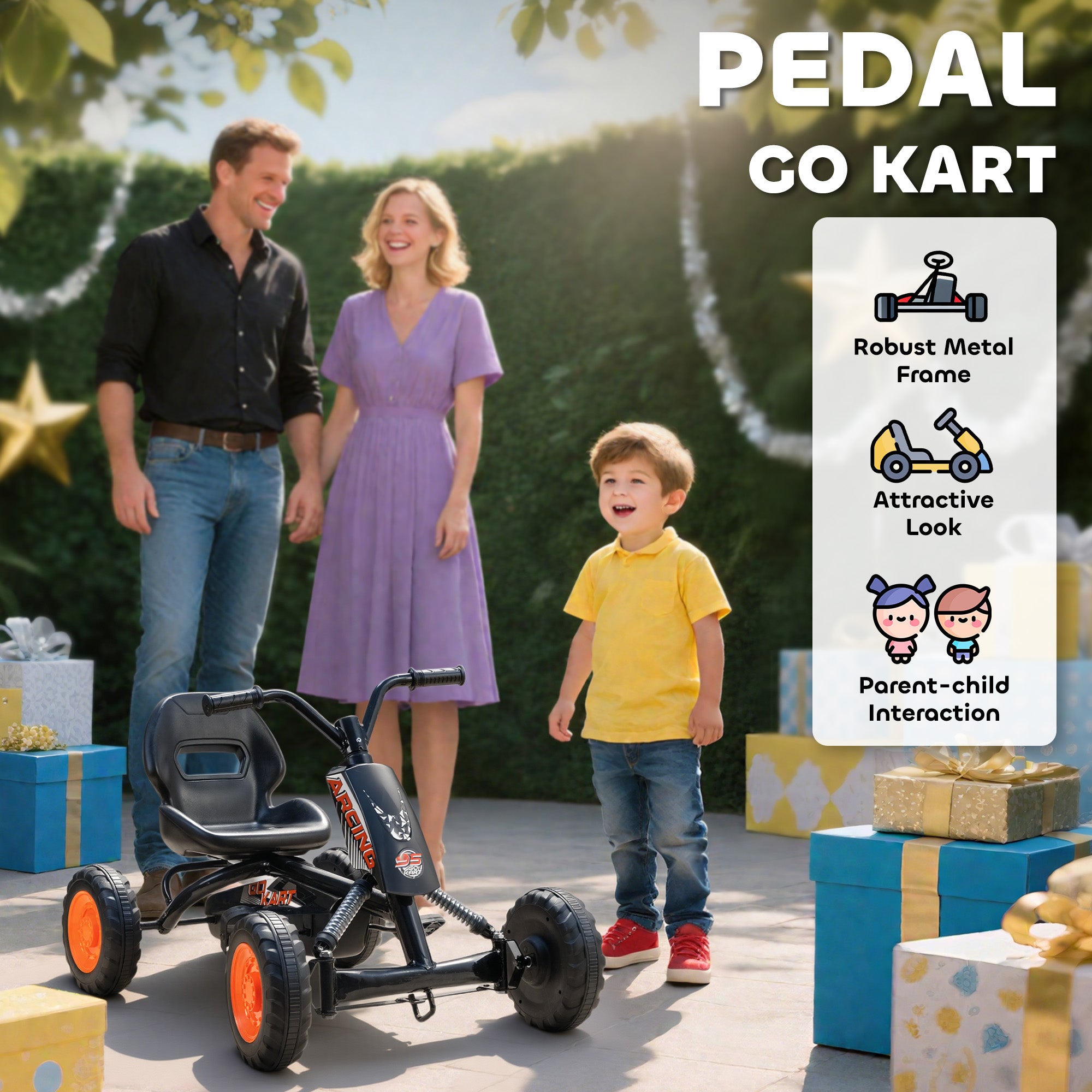 Kids Pedal Go Kart with Steel Frame, Sporty Design, for Ages 2-5 Years, Black