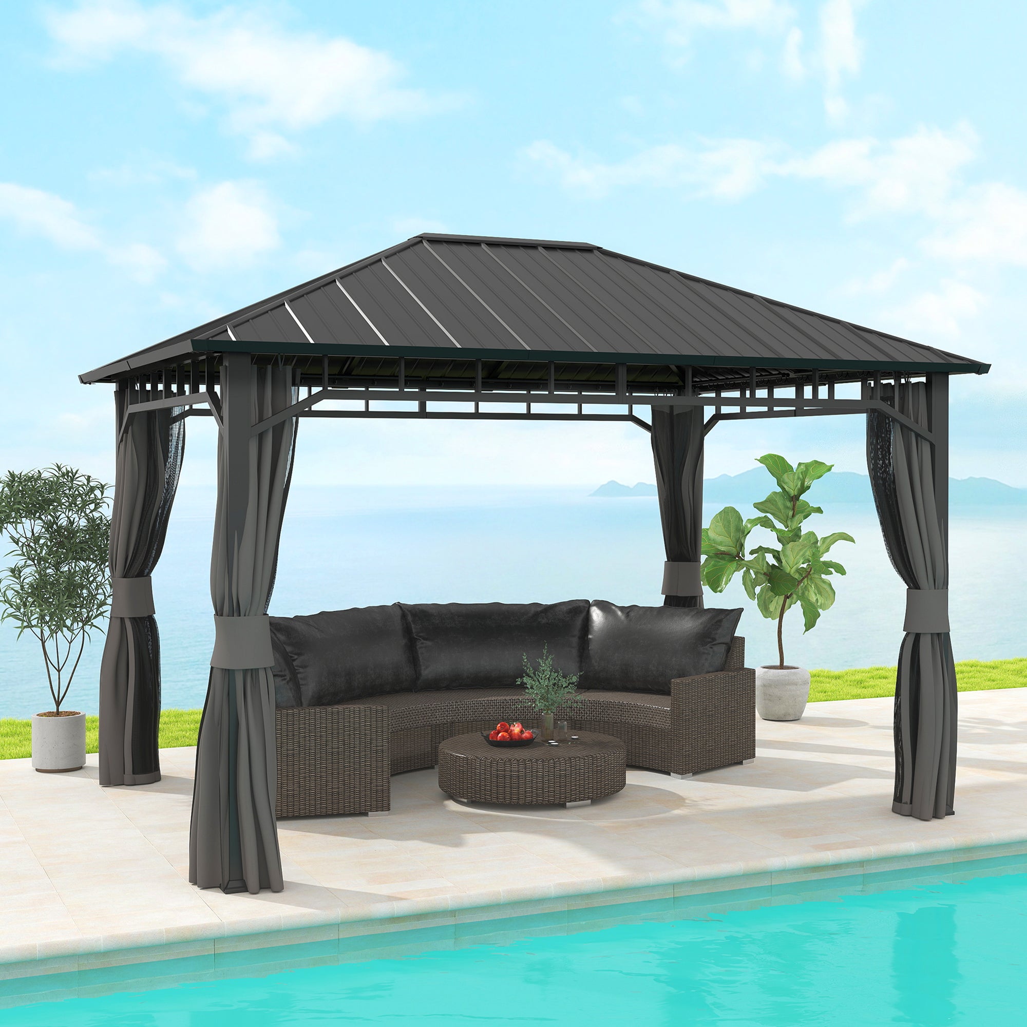 3 x 4m Hardtop Garden Gazebo with Galvanised Steel Roof, Water Gutter, Netting & Curtains - Dark Grey