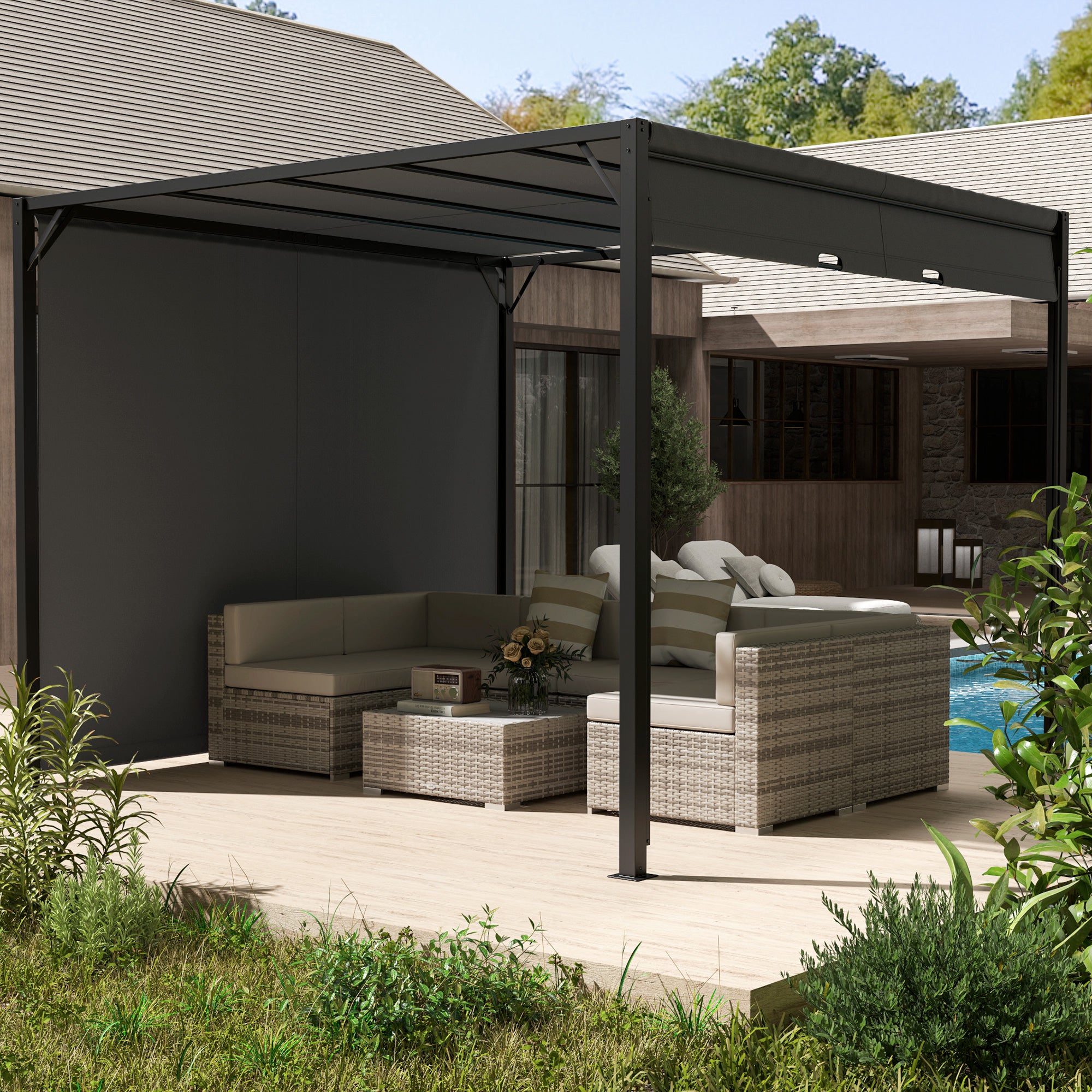 3 x 3 Meter Pergola Set with Retractable Roof Steel Frame - Charcoal Grey