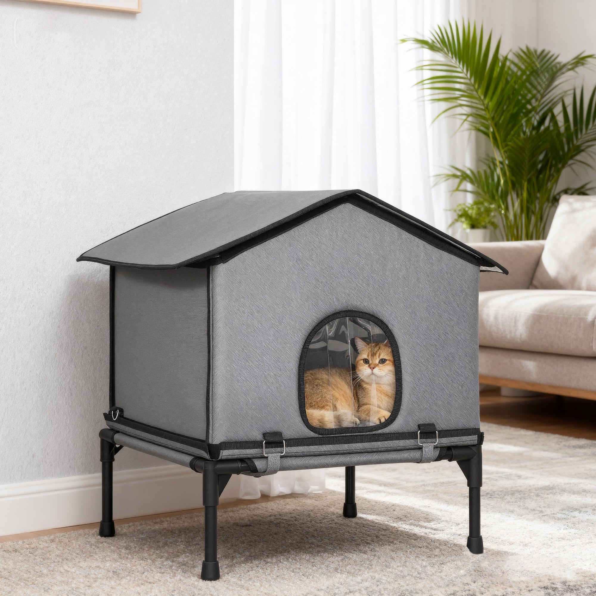 Outdoor Cat House, Waterproof Insulated Cat Kennel with Elevated Base, Foldable Feral Kitty Shelter for Kittens, Grey