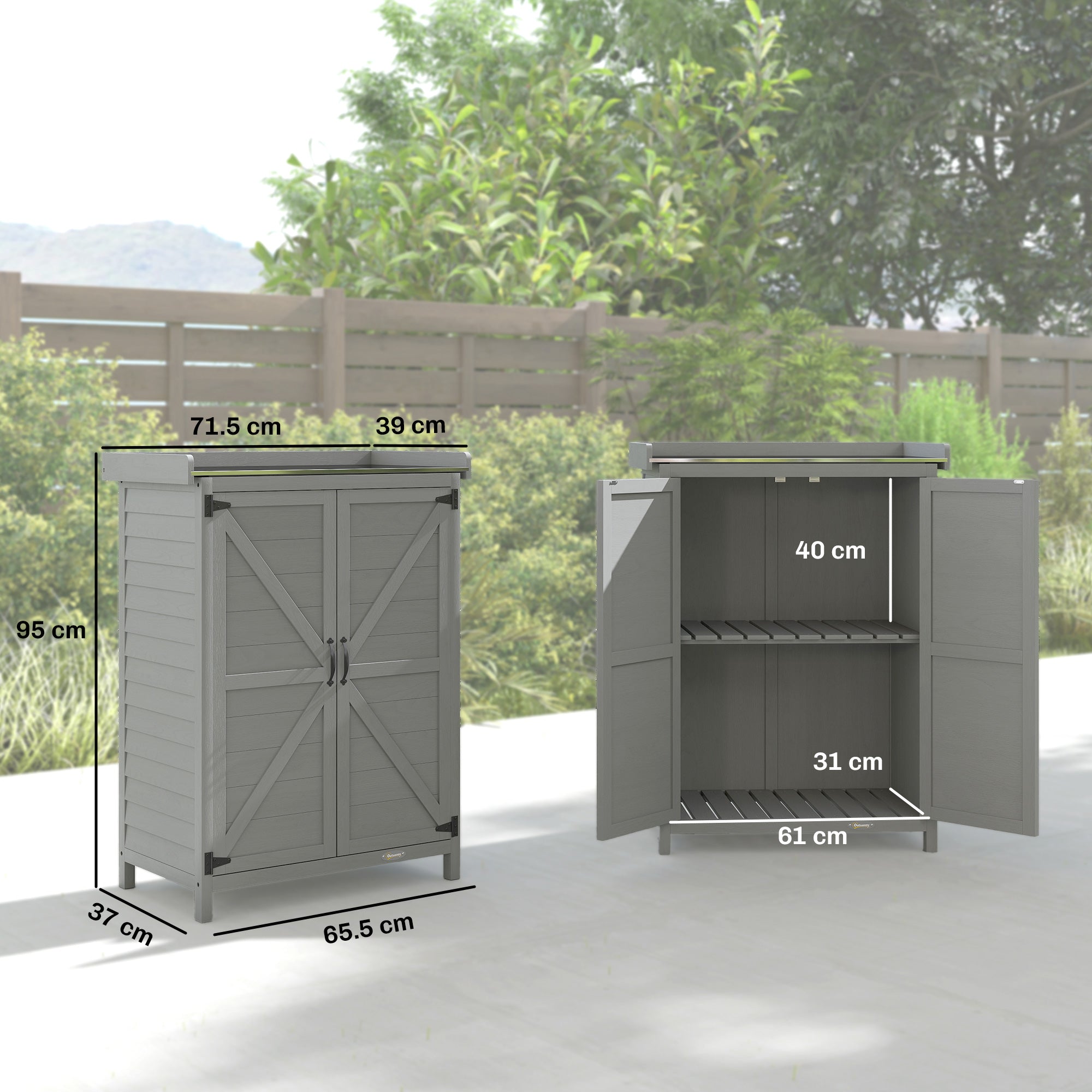 Wooden Garden Shed, Garden Tool Storage Shed with Shelf and Side Hooks, 71.5 x 39 x 95 cm, Grey