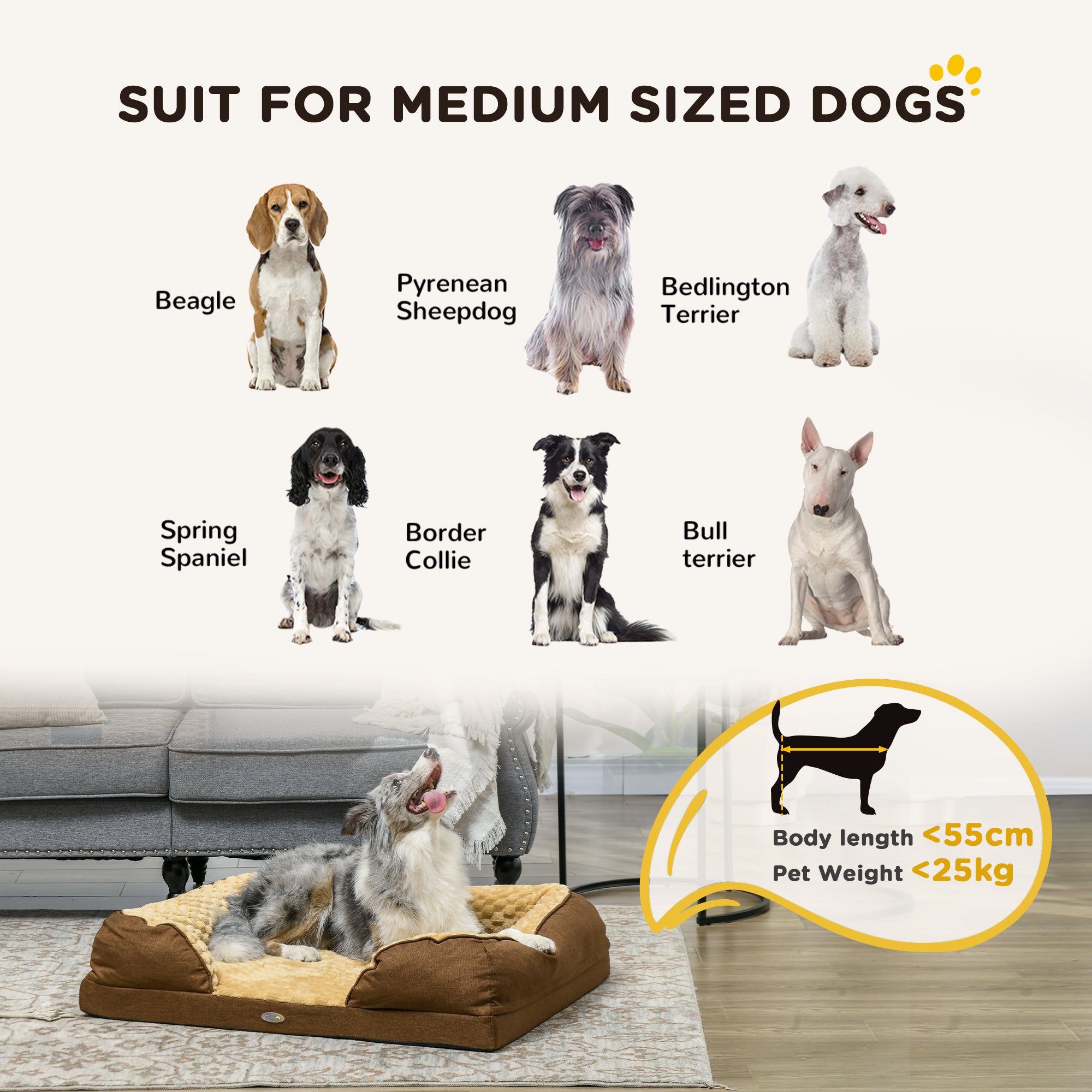 Calming Dog Bed Pet Mattress w/ Removable Cover, Anti-Slip Bottom, for Medium Dogs, 90L x 69W x 21Hcm - Brown