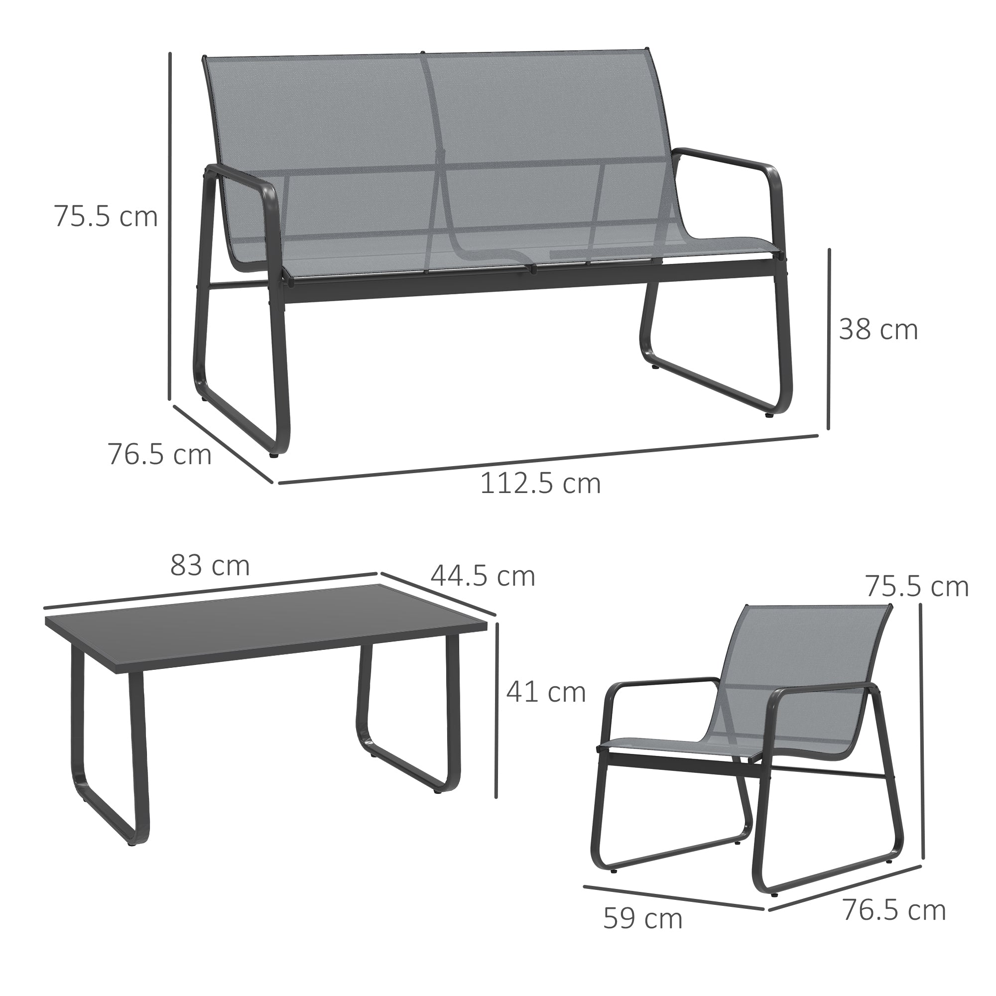 4 Piece Outdoor Garden Furniture Set with Double and Single Chairs & Glass Top Table - Light Grey