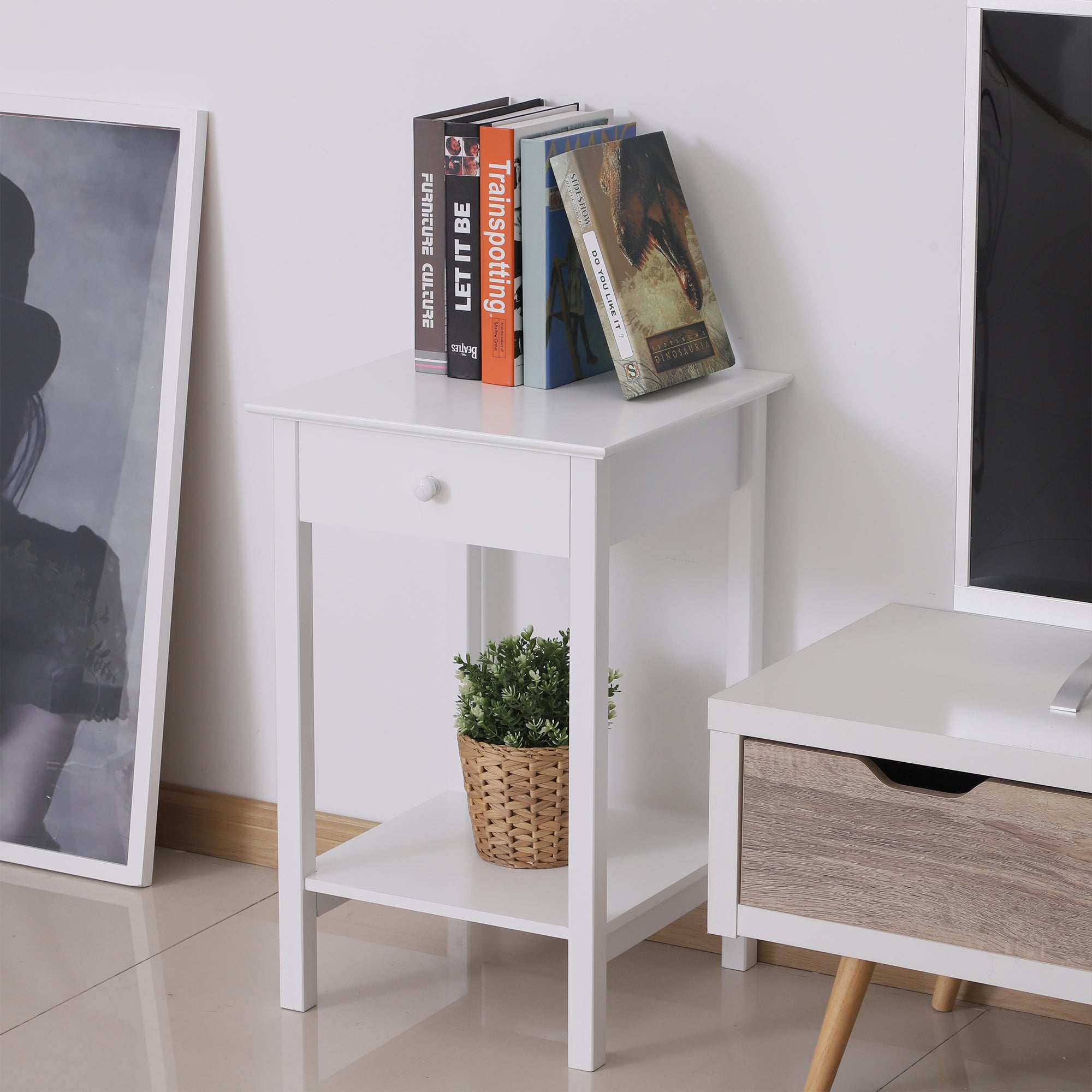 White Bedside Table, Wooden Side Table, Nightstand, Bedside Cabinet with Drawer and Storage Shelf for Bedroom and Living Room, Set of 2