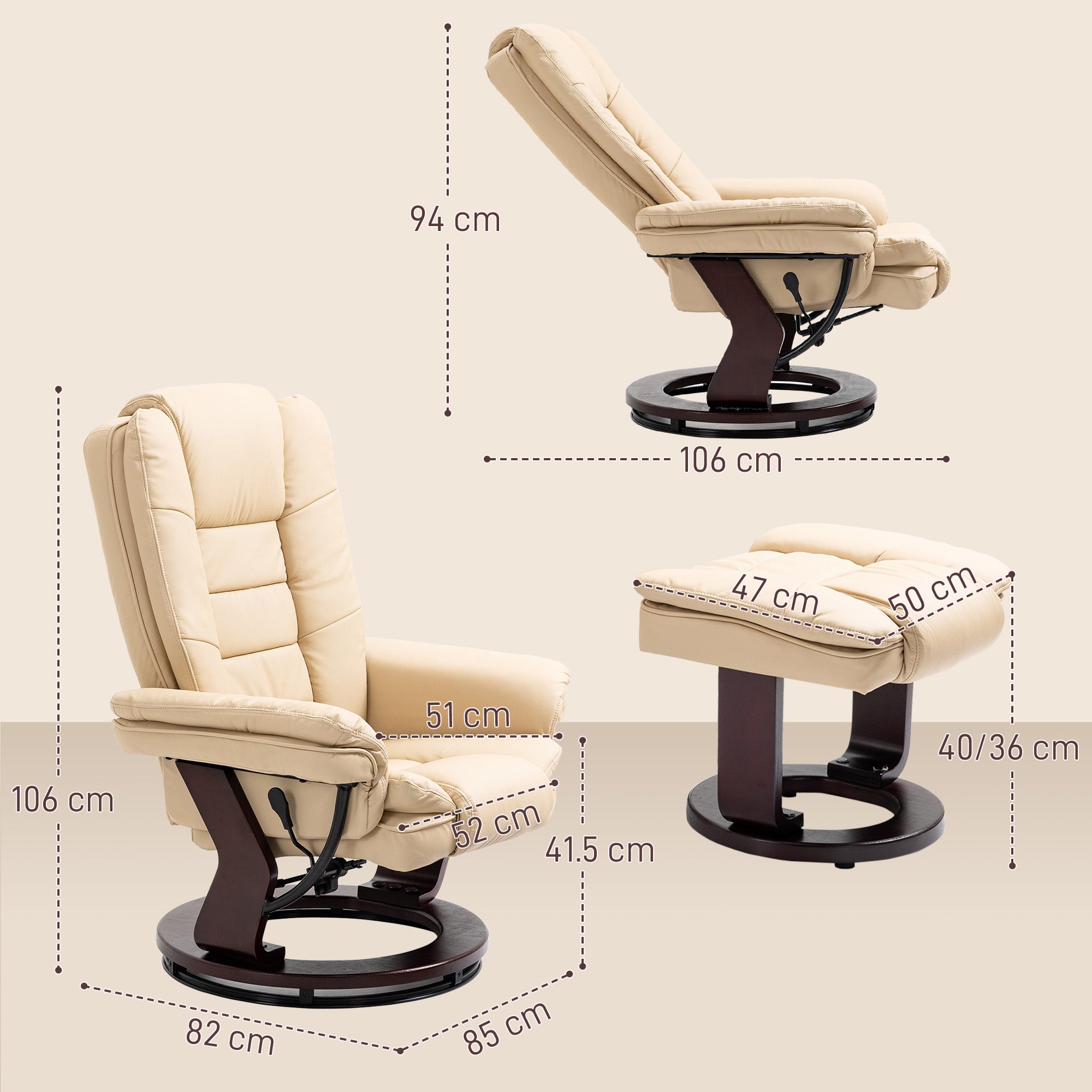 Faux Leather Reclining Chair and Footstool 135° Manual Recliner with Swivel Seat - Beige