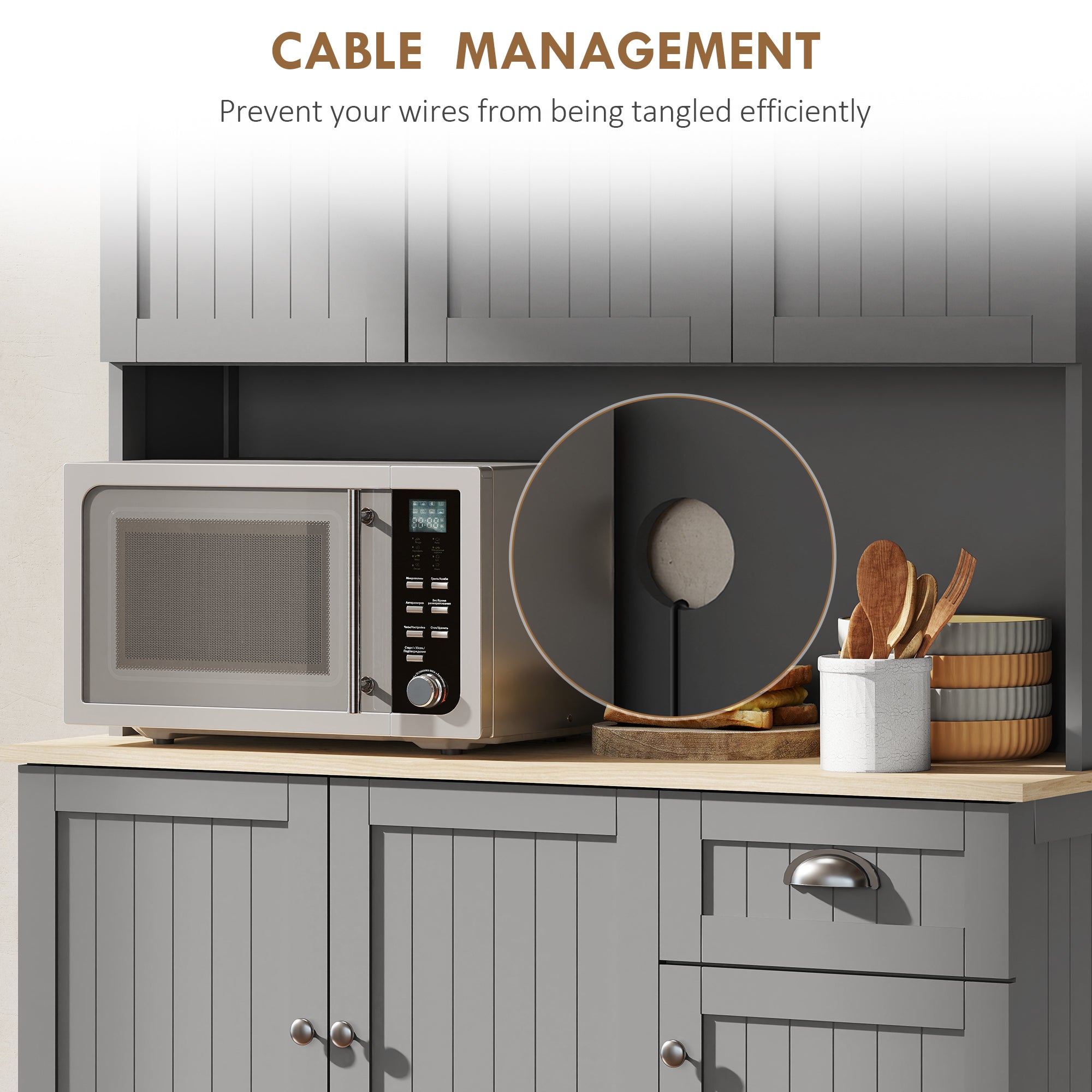 180cm Freestanding Kitchen Cabinet, Modern Storage Cupboard with Open Countertop, Drawer and 6 Doors, Grey