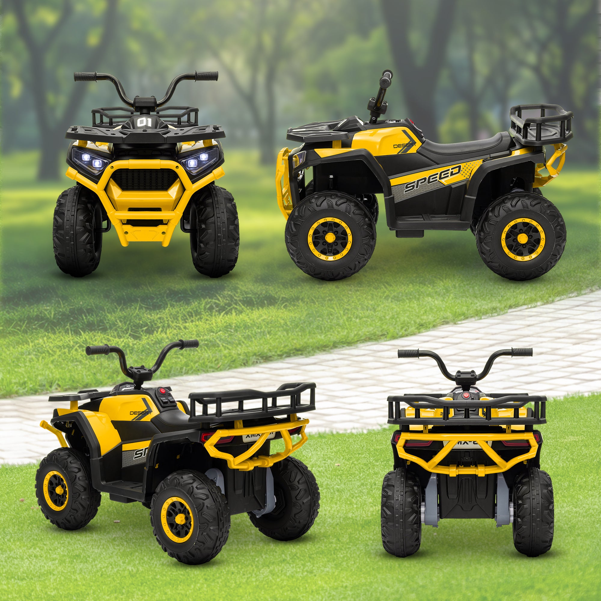 12V Kids Electric Ride on ATV, Battery Powered Quad Bike w/ Spring Suspension, Forward Backward, Storage Basket - Yellow