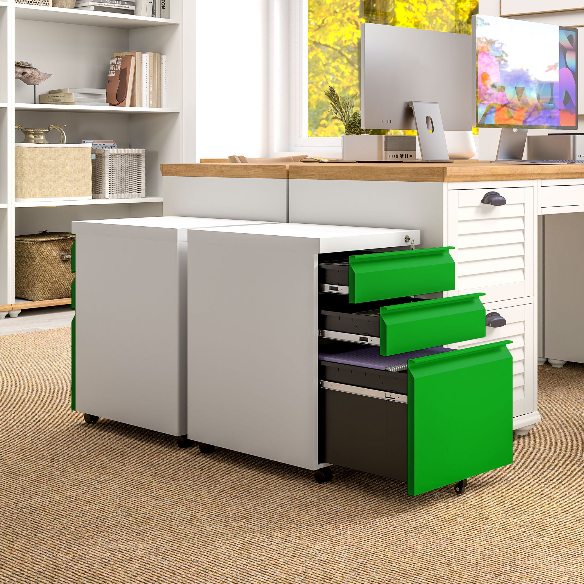 3 Drawer Filling Cabinet, Mobile Metal File Cabinet with Anti-tilt Design for Letter, A4, Legal Size, Green
