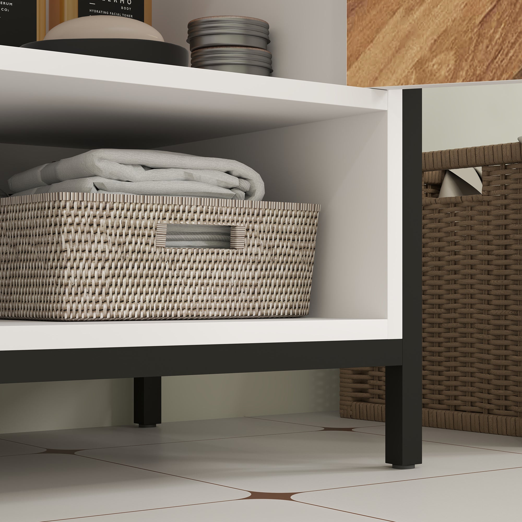 Under Sink Bathroom Cabinet, Rustic Under Sink Cabinet with Herringbone Doors and Open Compartment for Basin with or without Pedestal, 80 x 40 x 60cm, Cream White