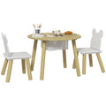3 Pieces Kids Activity Table Set with Bear Backrest and Mesh Bag for Arts, Reading, Dining - White Natural Wood