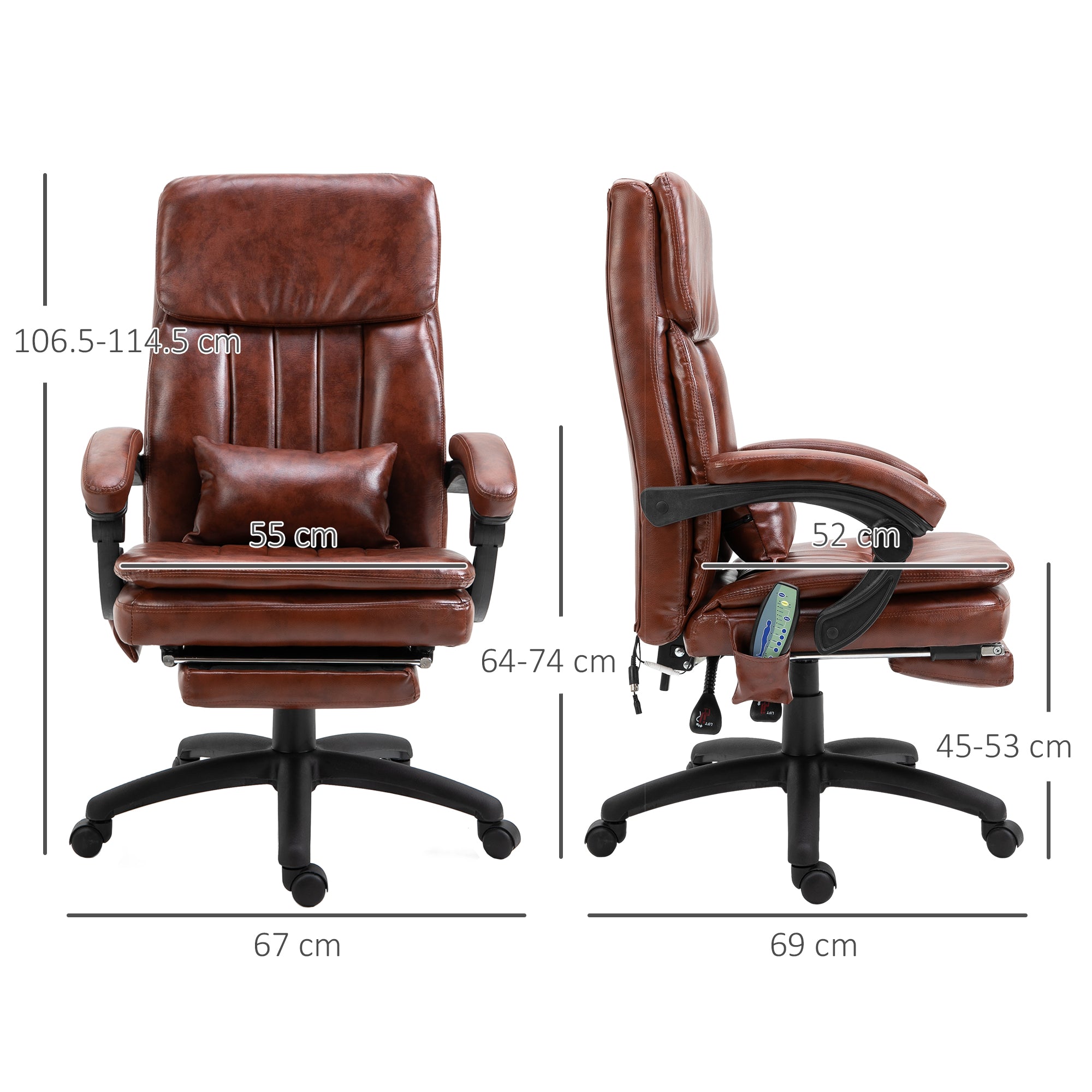 High Back Office Chair, Gaming Recliner Chair with Footrest, 7 Massage Points, Adjustable Height, Reclining Back, PU Leather, Brown