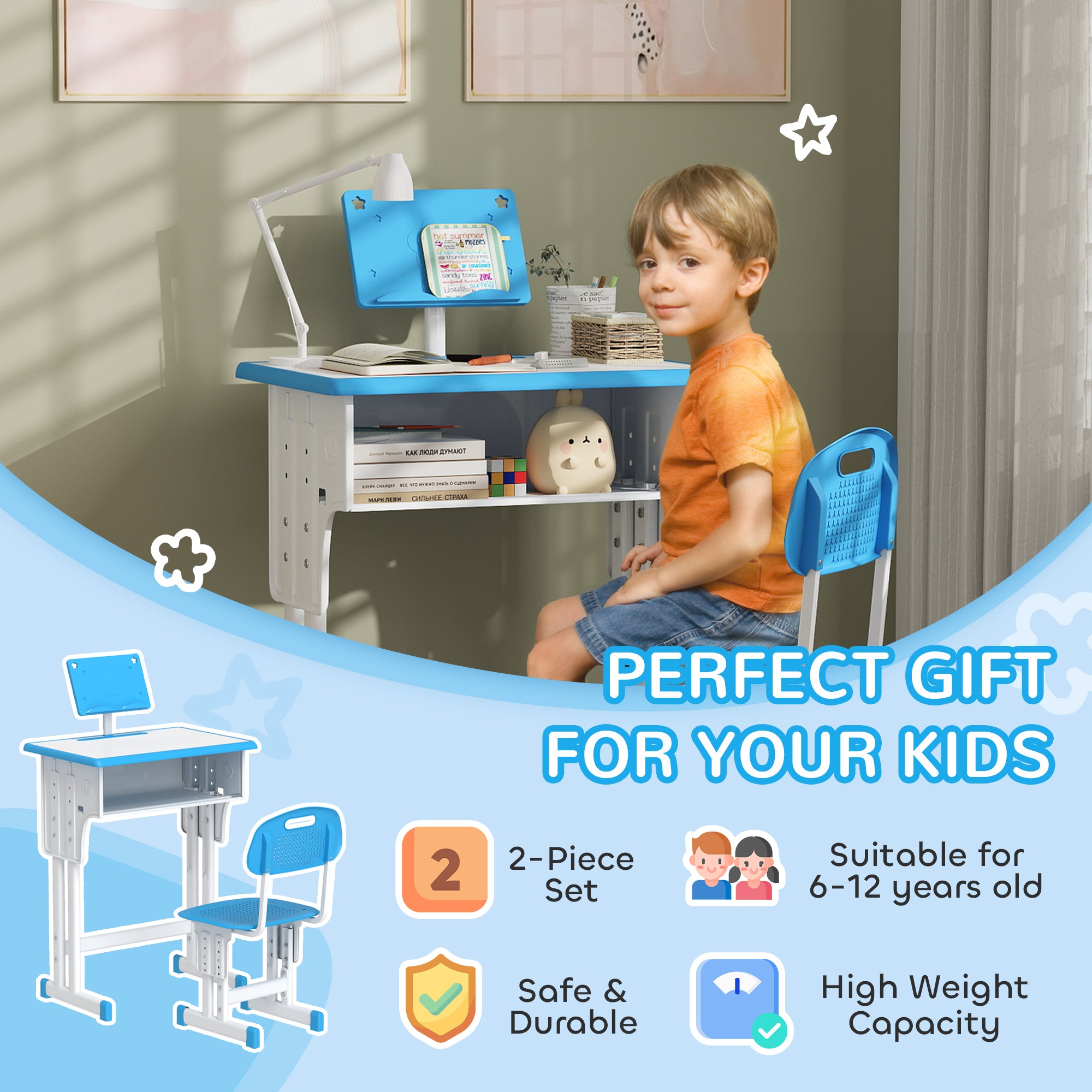 Kids Adjustable Desk and Chair Set, Book Stand, Pen Slot - Blue