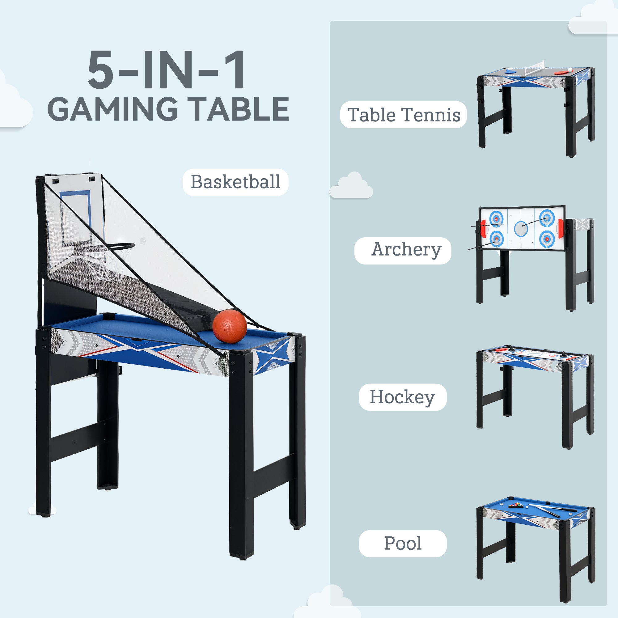 5 in 1 Multi Games Table Combo Sports Game Table for Kids, Mini Pool Table, Table Tennis Table, Hockey Table, Basketball Arcade Game, Bow and Arrow, Blue
