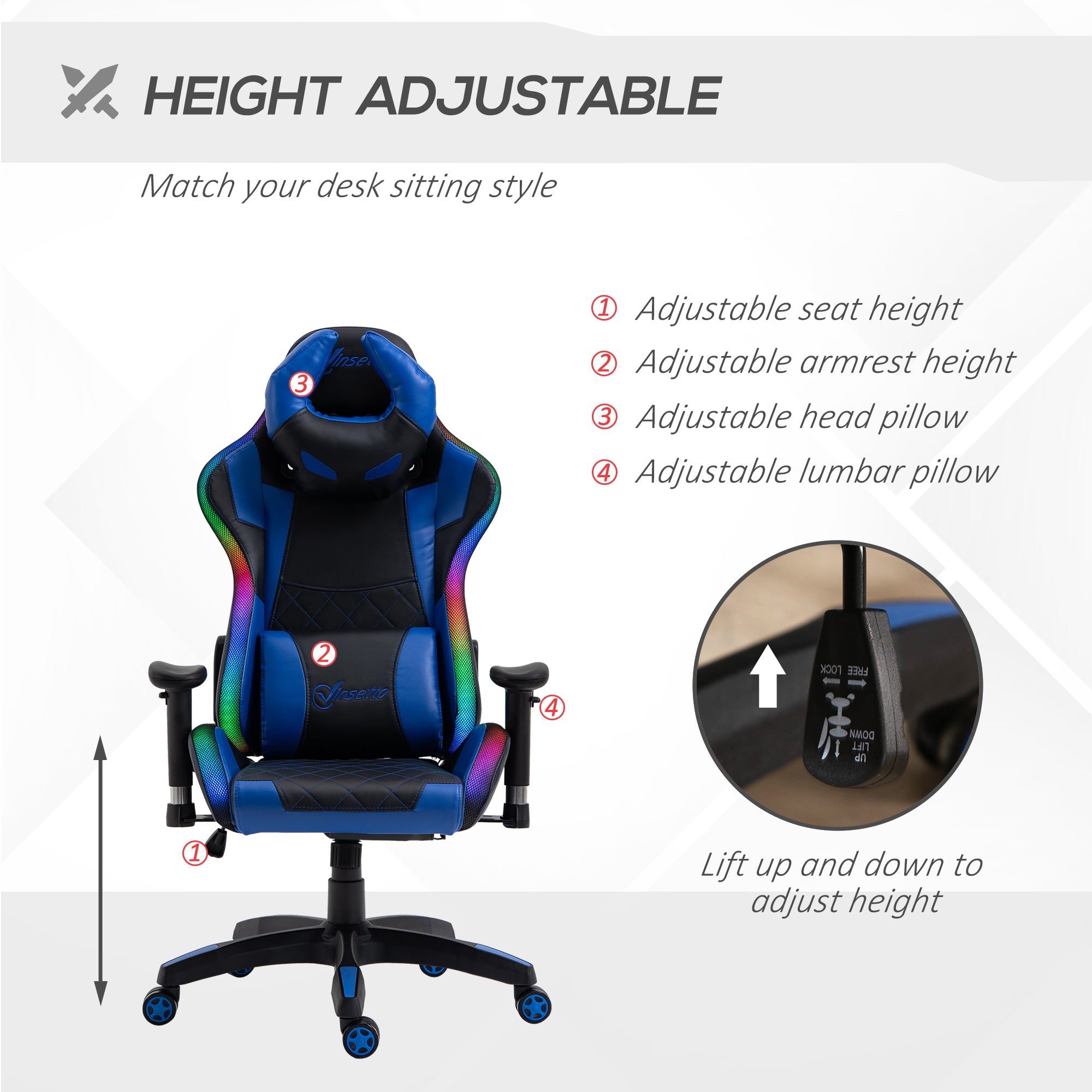 Racing Gaming Chair with RGB LED Light, Lumbar Support, Swivel Home Office Computer Recliner High Back Gamer Desk Chair, Black Blue