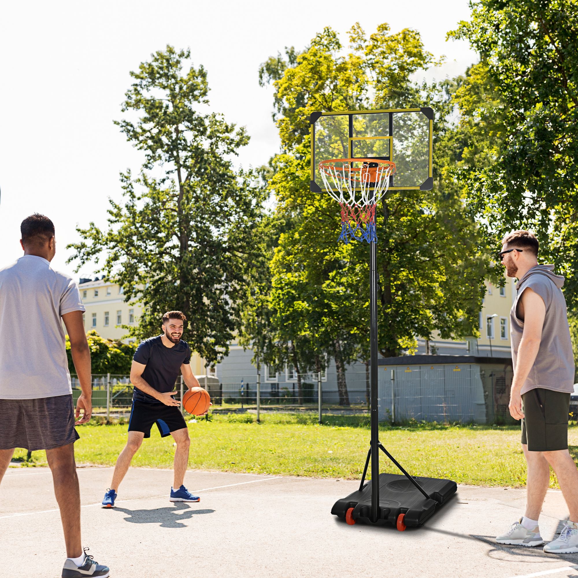 Height Adjustable Basketball Hoop and Stand with Firm Backboard and Weighted Base, Portable on Wheels, Yellow