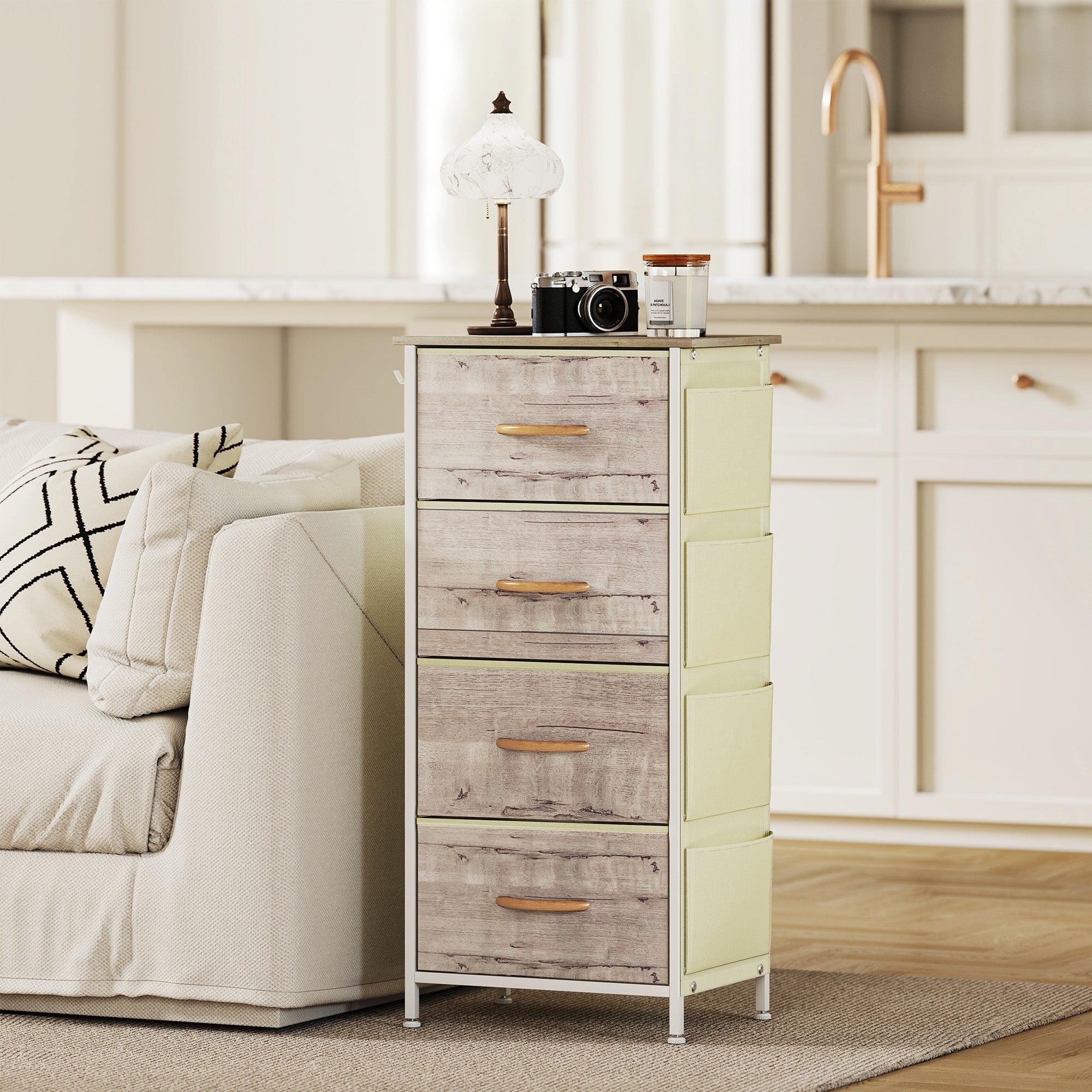 Chest of Four Fabric Drawers - Natural Wood Finish