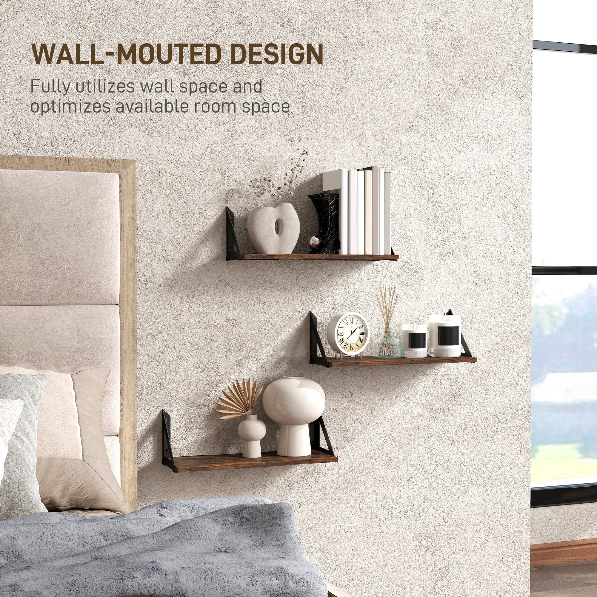 Set of 3 Vintage Wall Mounted Floating Shelves for Living Room, Entryway, Bedroom - Rustic Brown