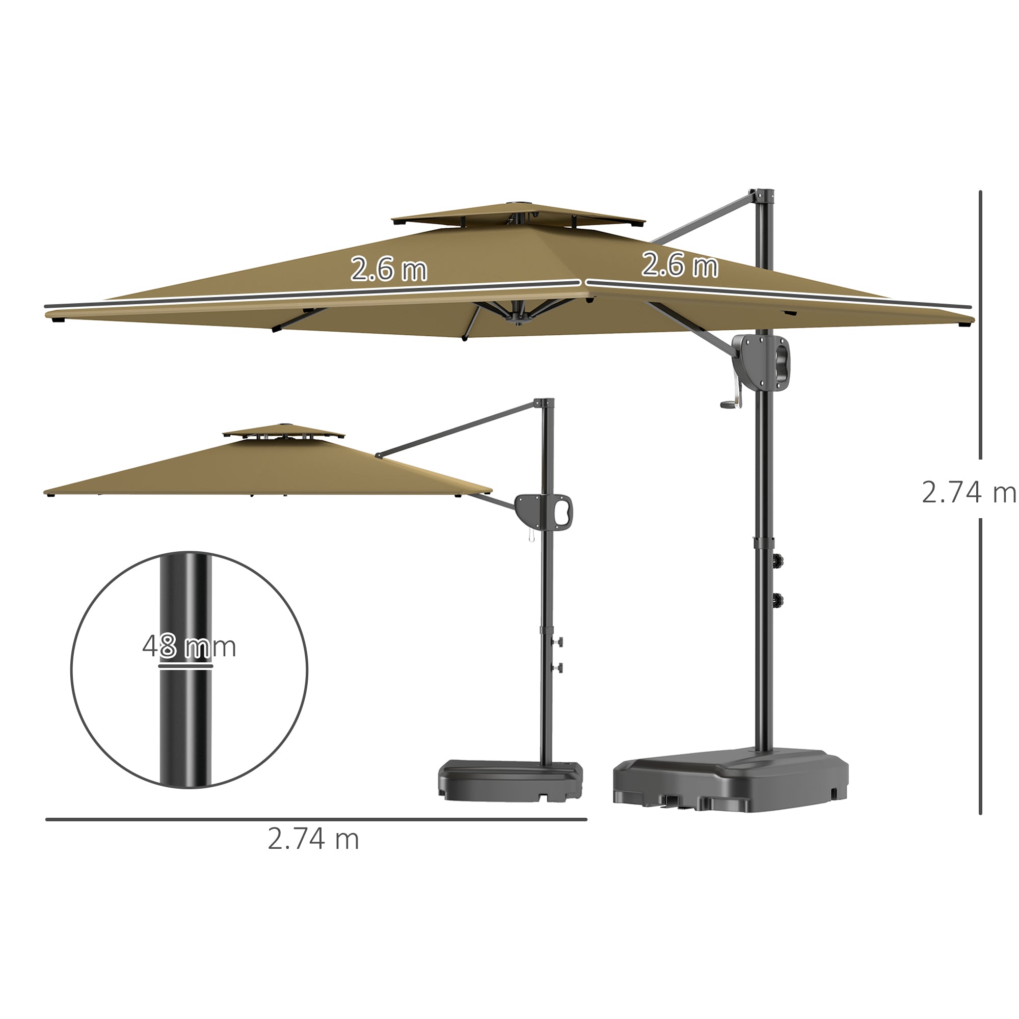 Cantilever Parasol with Weighted Base Double Top Garden Parasol Square Hanging Patio Umbrella with Crank Tilt Khaki