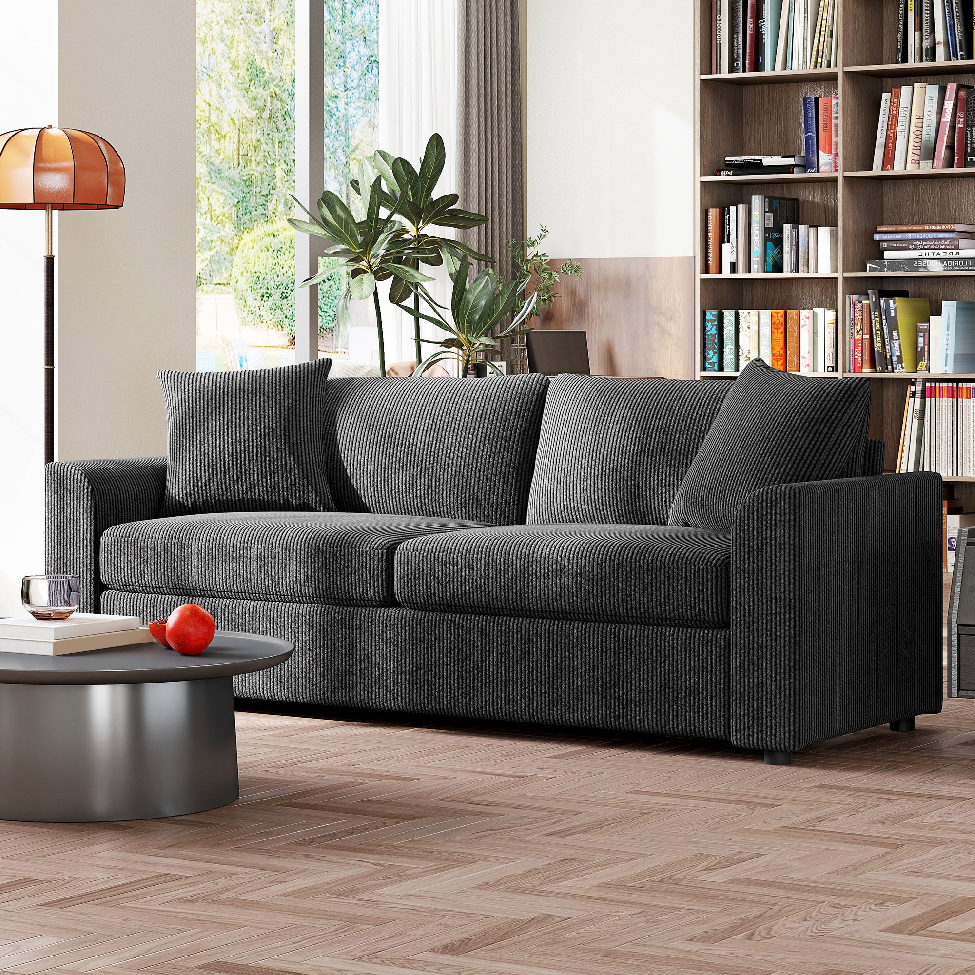 Modern 3 Seater Sofa with Spring Cushion, 212 cm Fabric Jumbo Cord Sofa Couch with 2 Scatter Cushions, Upholstered Corduroy Settee for Living Room, Bedroom, Home Office, Grey