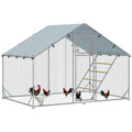 Walk-in Chicken Run for 6-8 Poultry with Cover, Feeding Door, Feeder & Perch - Silver