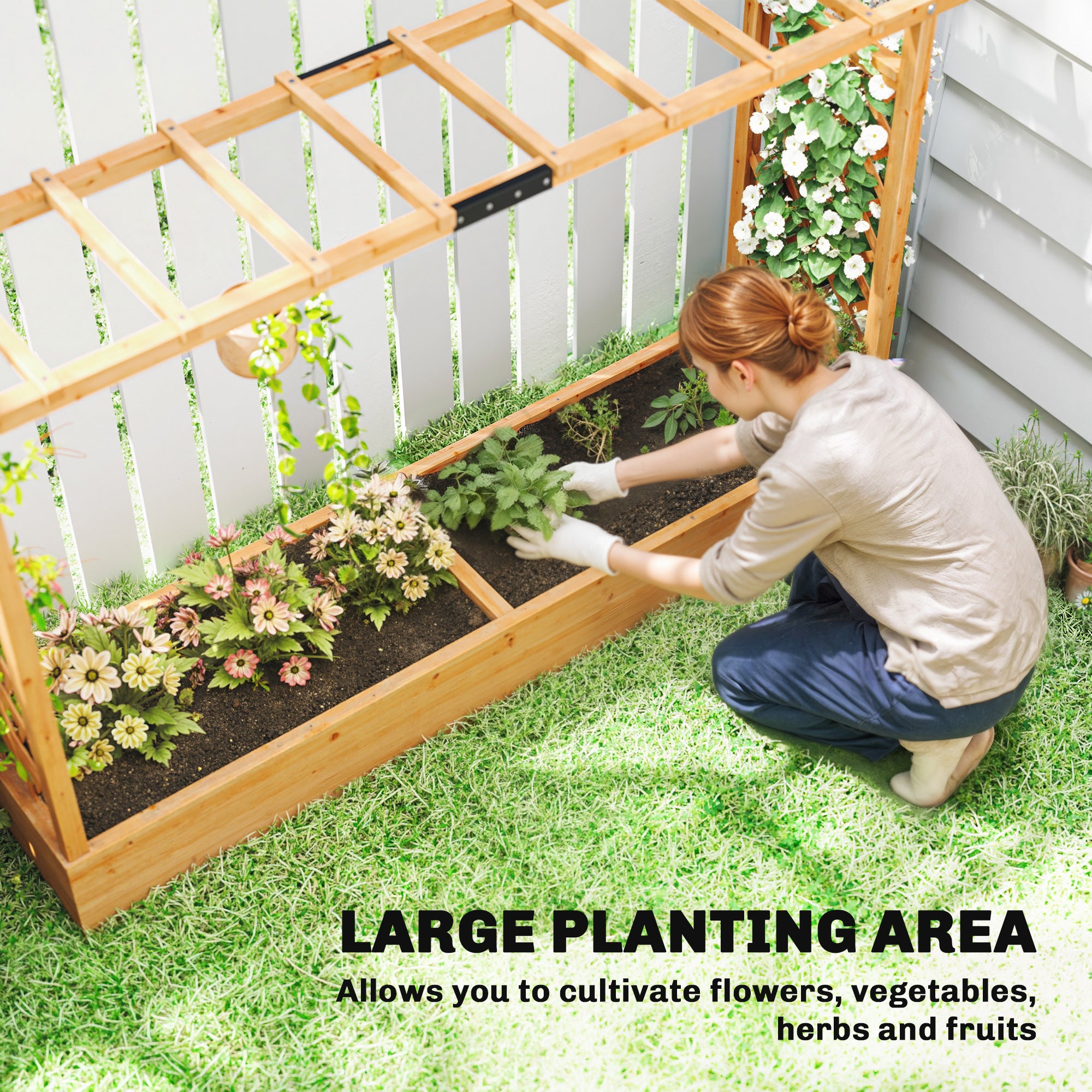 Raised Planter with Trellis, Wooden Raised Bed for Garden with Hanging Roof and Drainage Holes, Outdoor Planter Box