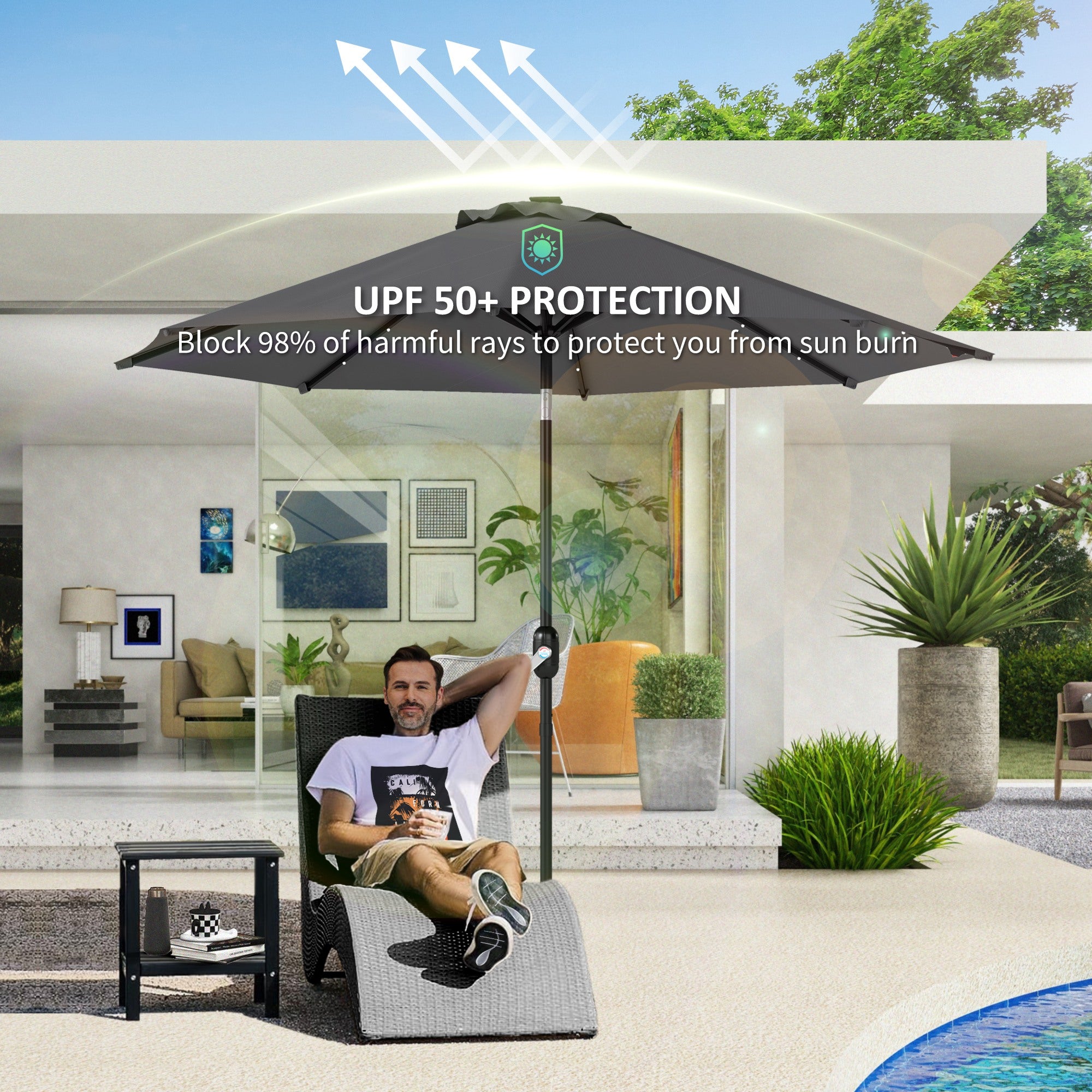 3m UPF 50+ Replacement Parasol Canopy with Vent, Fits 8 Rib Frames up to 300cm - Grey