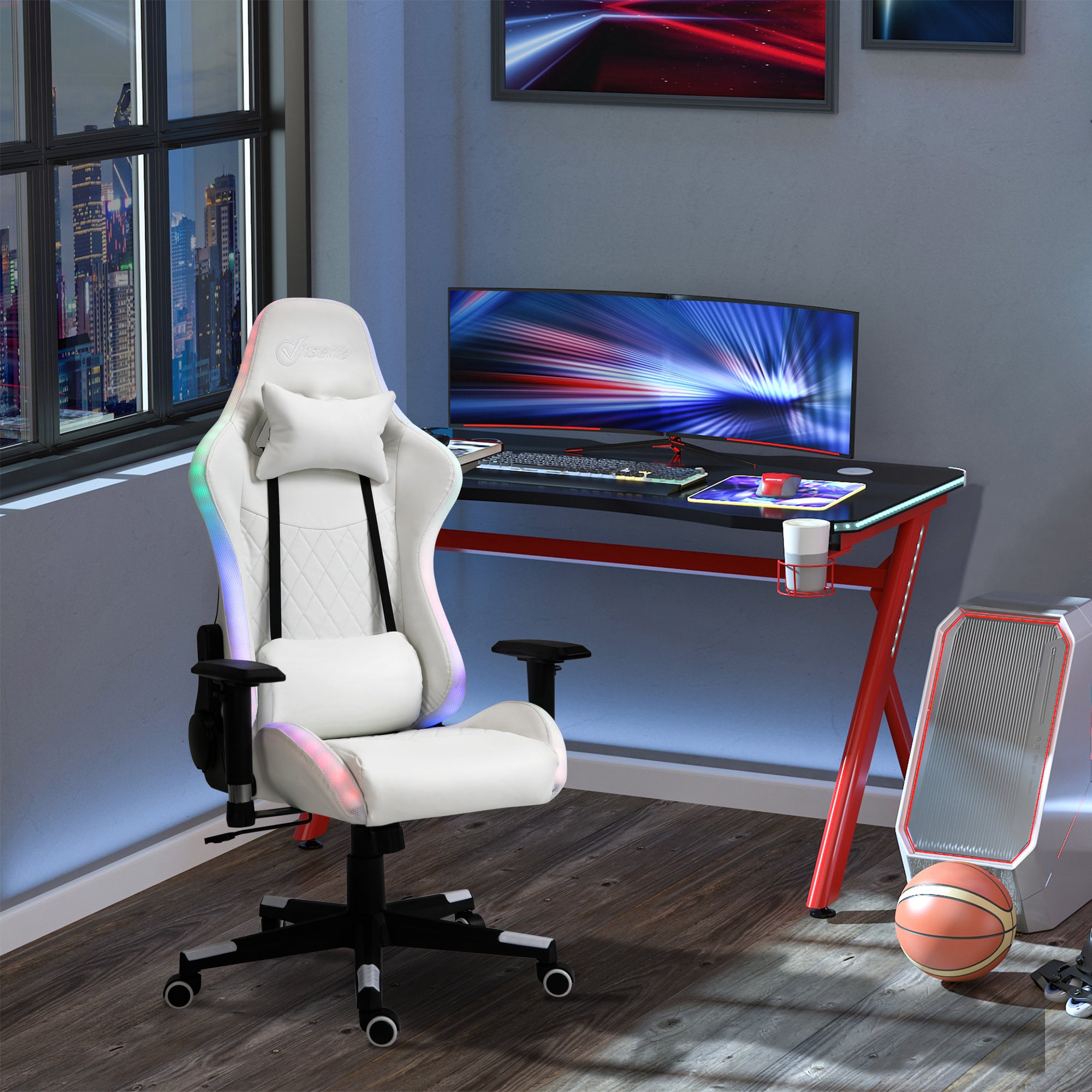 Gaming Chair with RGB LED Light, 2D Arm, Lumbar Support, Height Adjustable Swivel Office Computer Recliner, Racing Gamer Desk Chair for Home, White