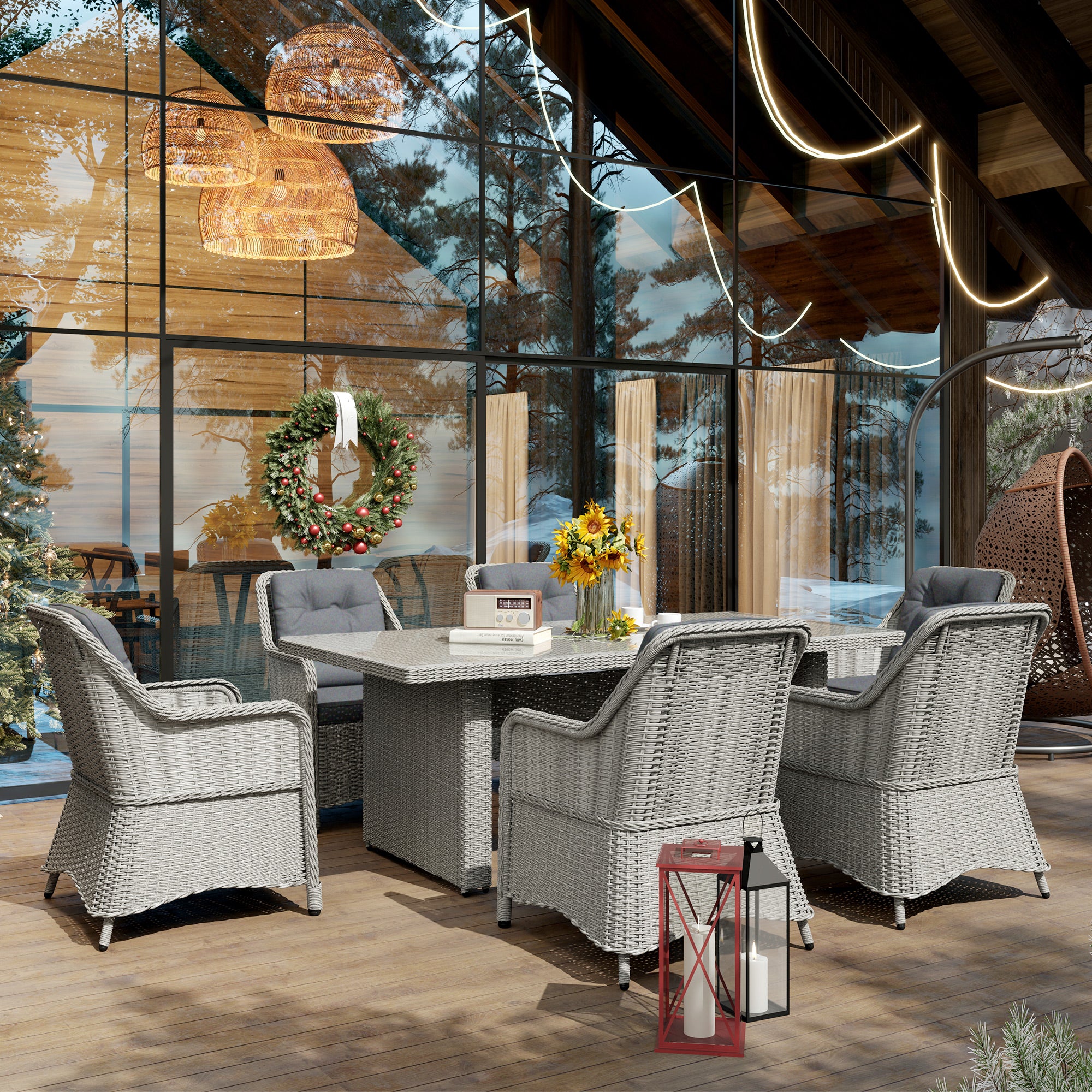 6 Seater PE Rattan Dining Set with Cushions and Glass Table - Grey