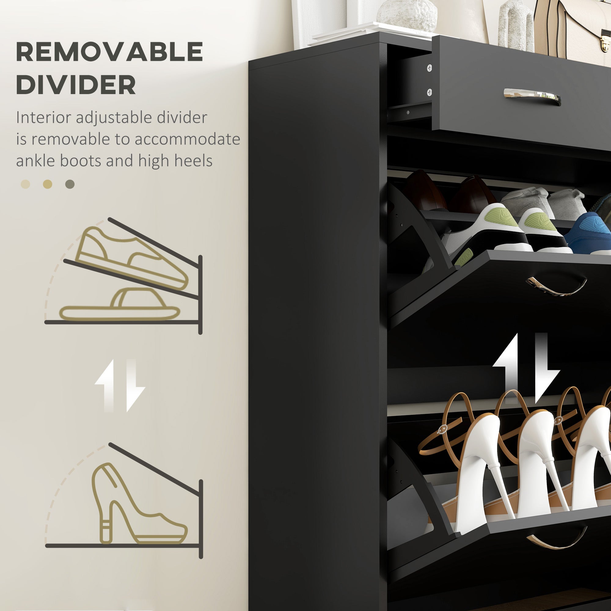 Narrow Shoe Storage with 2 Flip Drawers and Adjustable Shelves Shoe Cabinet Organizer for 12 Pairs of Shoes, Black