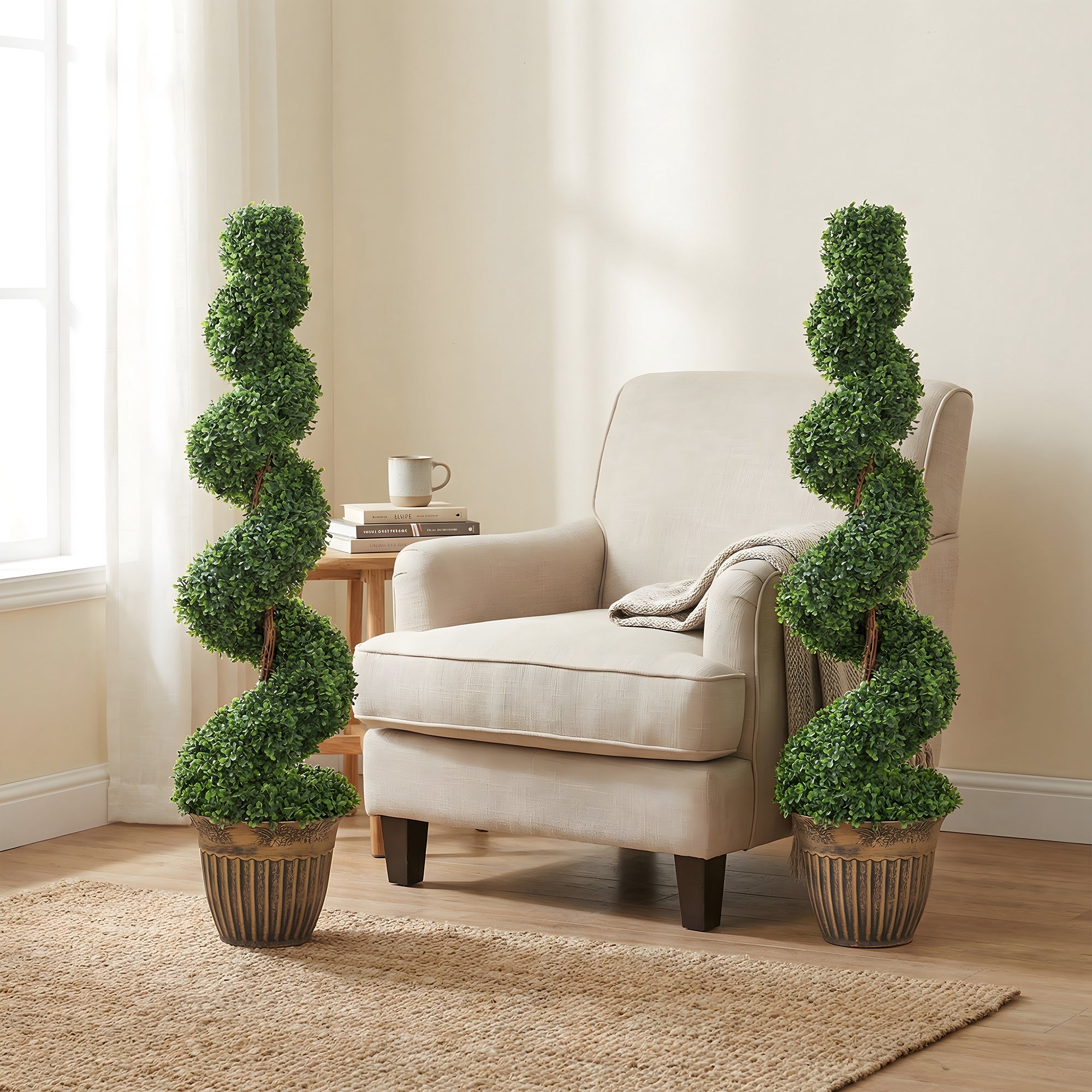 Set of 2 Artificial Plants, Topiary Spiral Boxwood Trees with Pot, for Home Indoor Outdoor Decor, 120cm