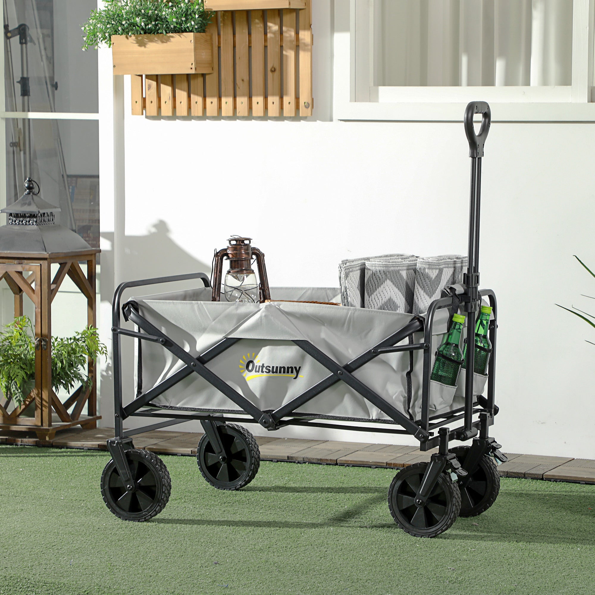 Folding Pull Along Cart Cargo Wagon Trolley with Telescopic Handle - Dark Grey