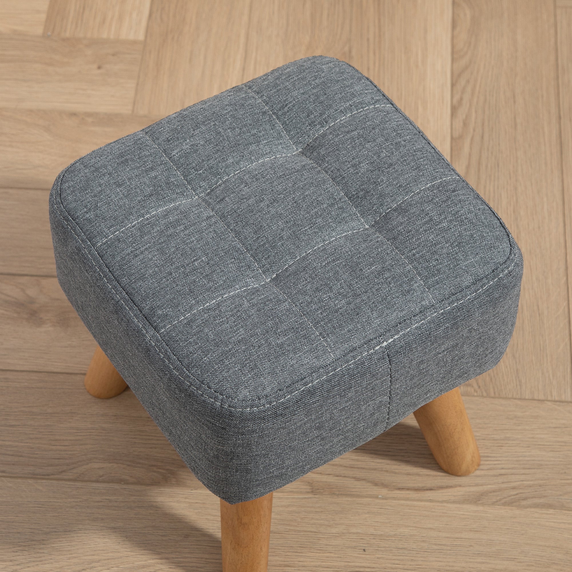 Modern Tufted Footstool, Fabric Foot Stool with Rubber Wood Legs, Padded Seat, for Living Room, Bedroom, Entryway, Grey