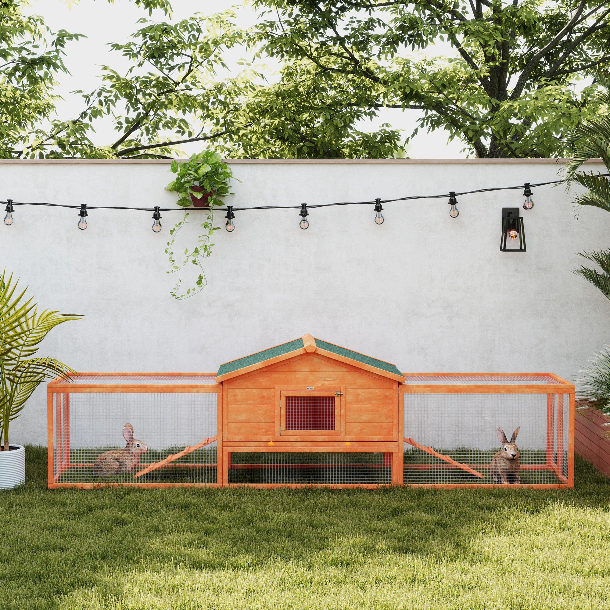 Wooden Rabbit Hutch with Run, Tray, Ramps, Asphalt Roof, 309 x 70 x 87cm, Orange