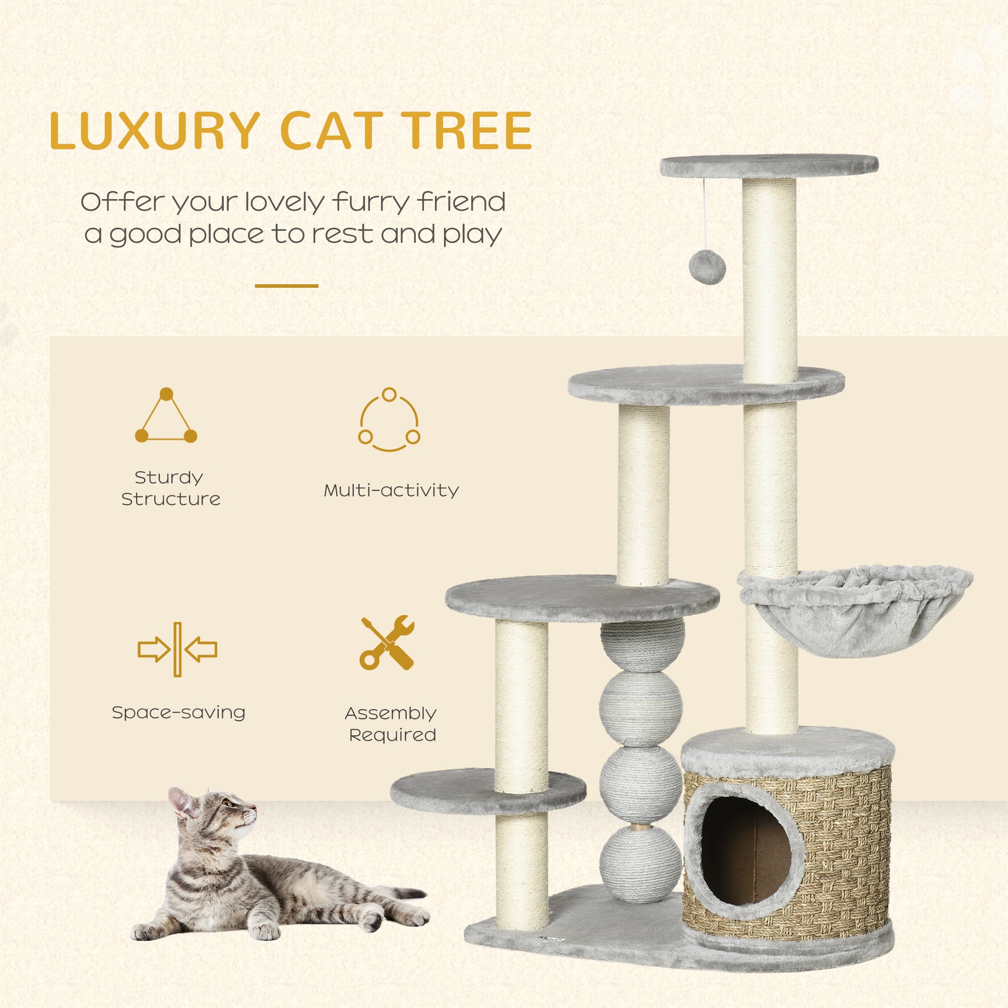 Multi Level Cat Tree, with Scratching Post, Toy Ball, Cat House and Hammock - Light grey