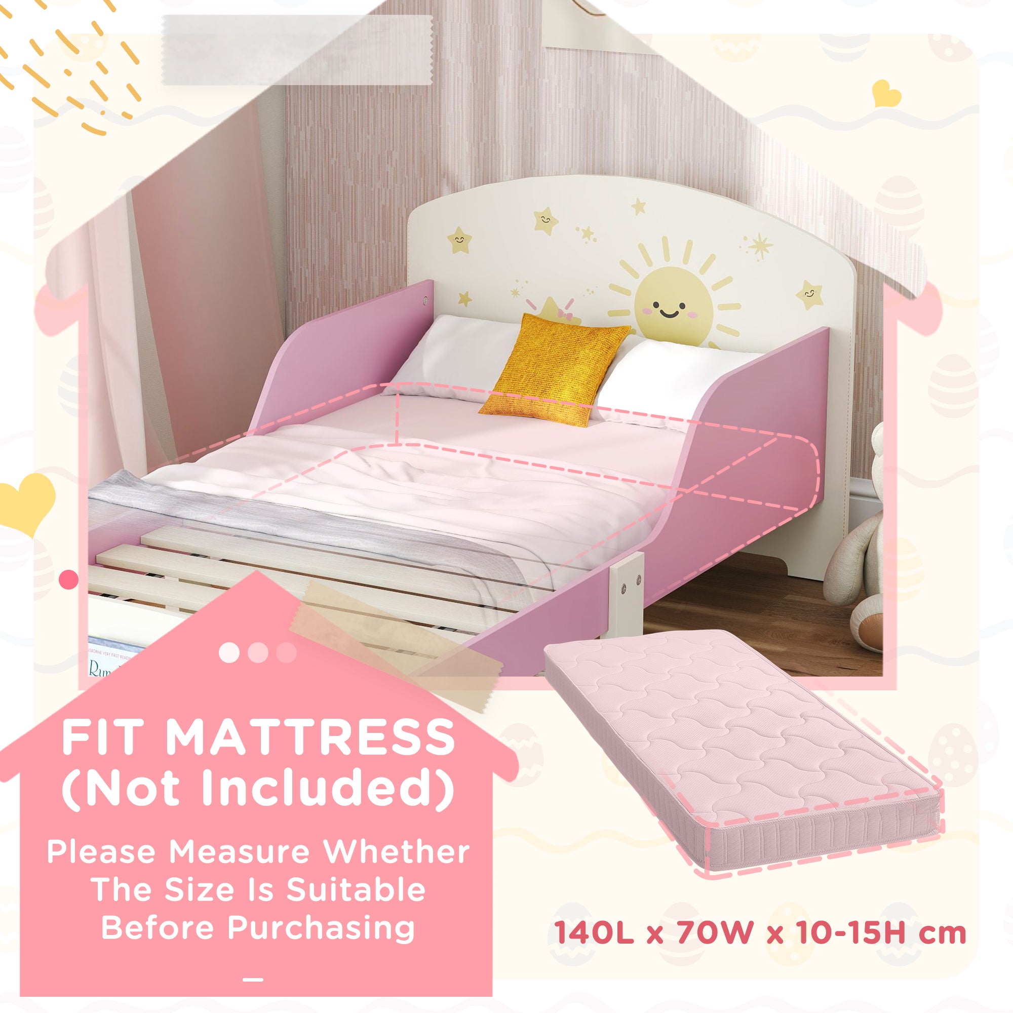 Toddler Bed with Storage, Guardrails, Sun Design, for Ages 3-8 Years, Fits 140 x 70cm Mattress,