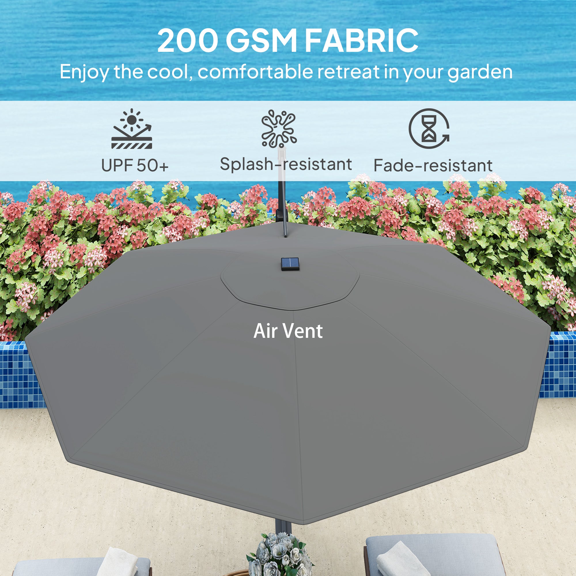 3 Metre Cantilever Garden Parasol with Solar Lights and Crank Handle - Dark Grey