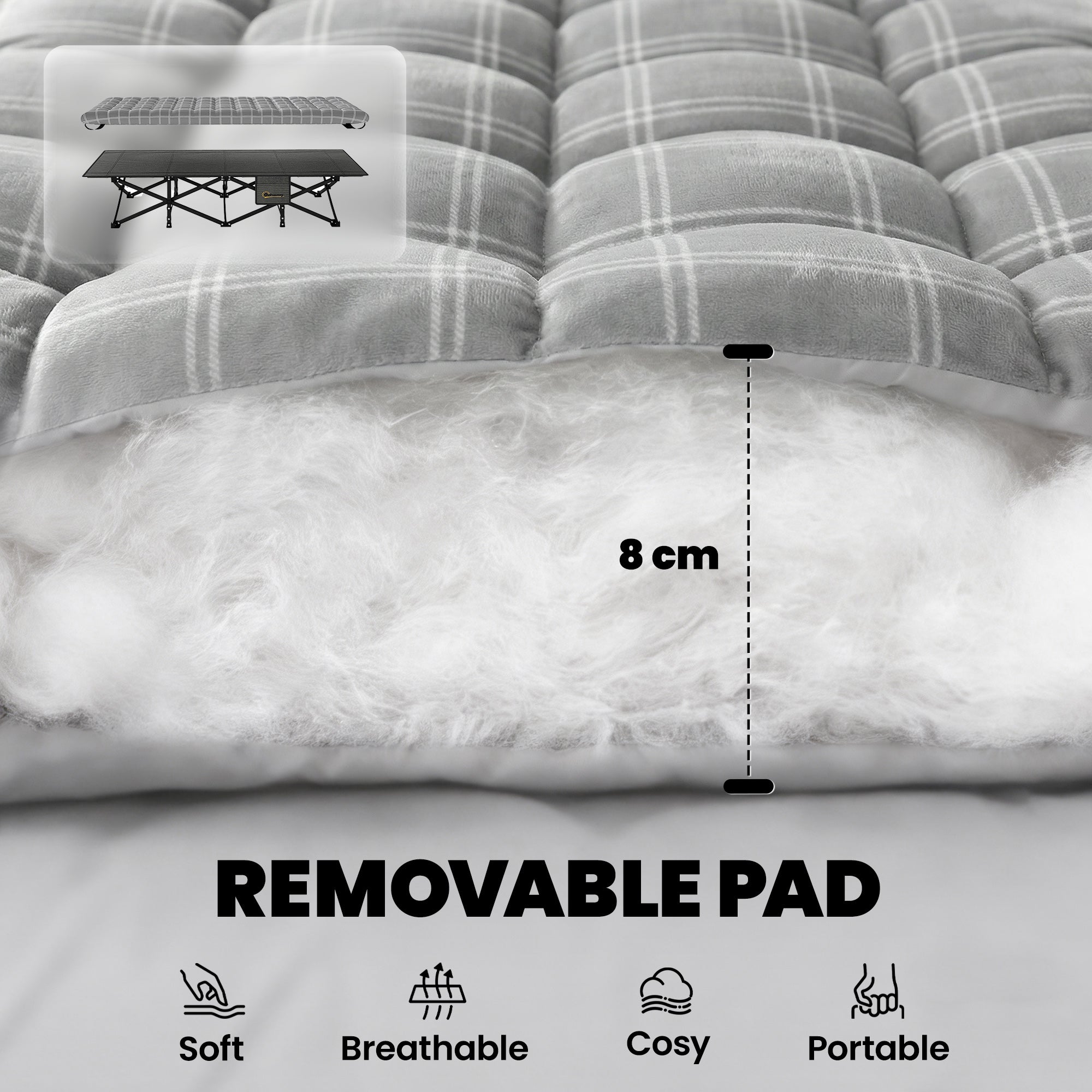 Camping Cot with Soft Pad, 80cm Extra Wide Folding Cots with Side Pocket and Carry Bag, Grey