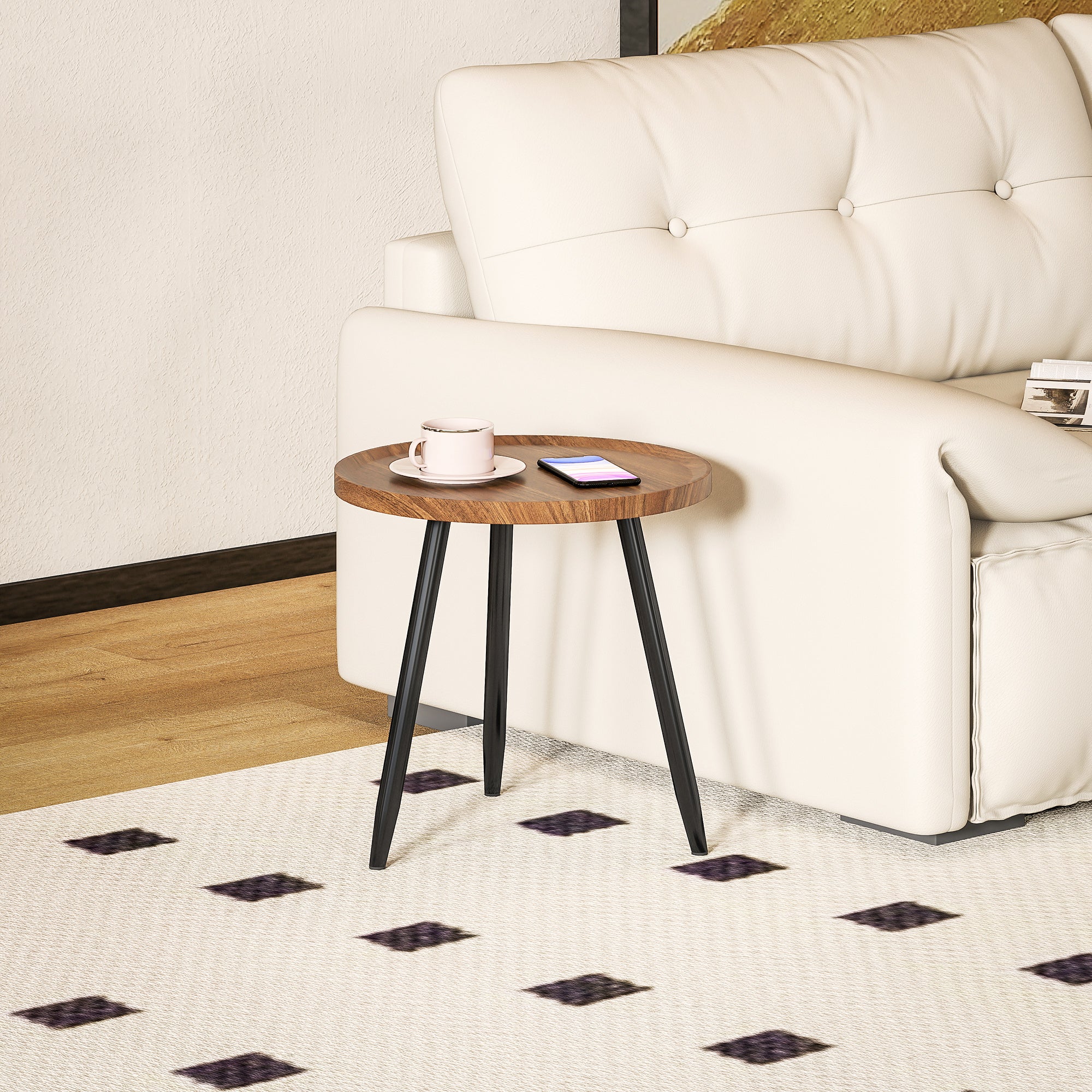 Modern Round Coffee Table with Steel Frame for Small Space, Sofa Beside, Living Room, Chestnut Wood Effect