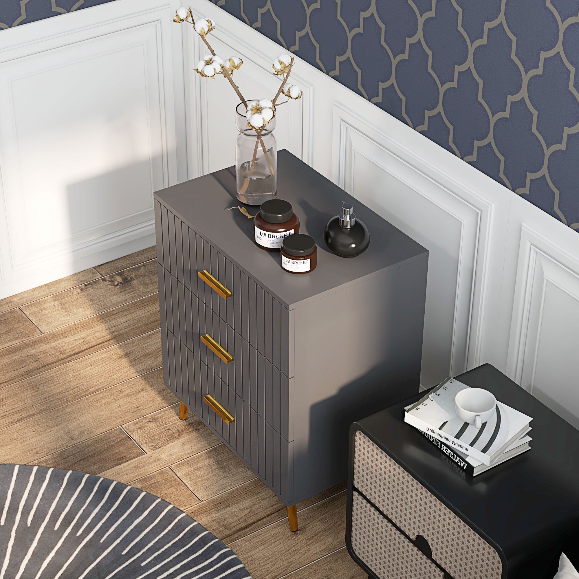 Three Drawer Embossed Line Dresser - Grey/Gold Tone