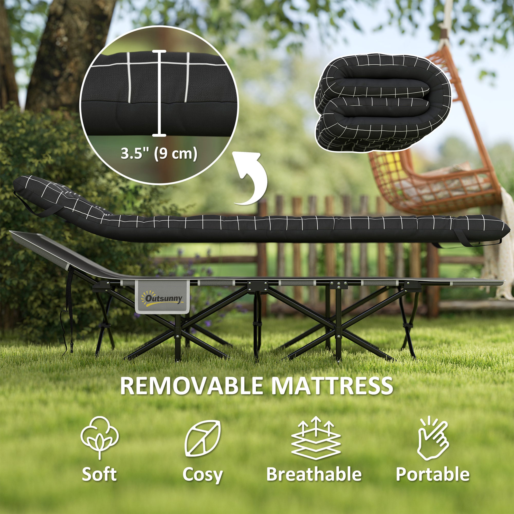 67cm Wide Folding Bed, Camping Cot for Adults with Mattress, Storage Pocket, Carry Bag, Max Load 150kg, Black
