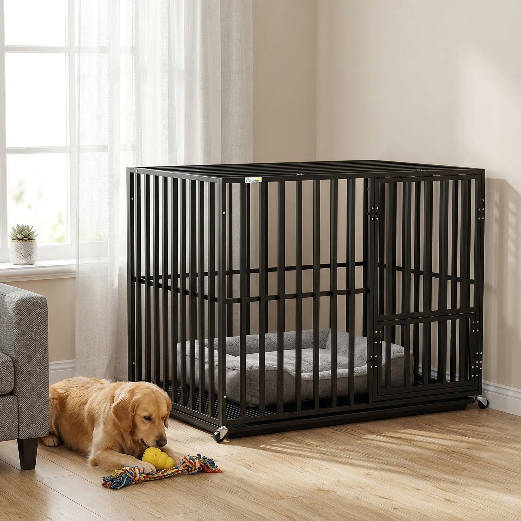 Heavy Duty Dog Crate, Dog Cage with Wheels for Medium Large Breeds with Removable Tray, Black