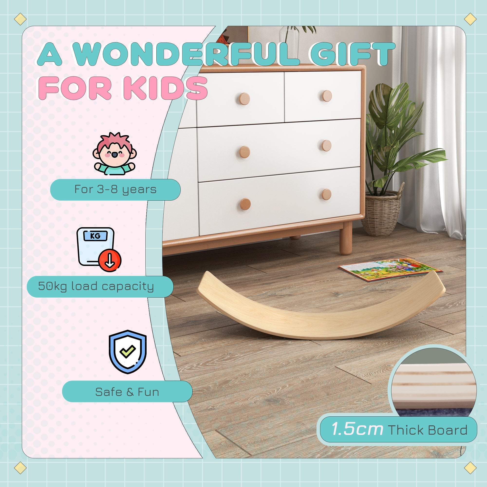 Wooden Balance Board for Children 3-8 Years Old, Natural Tone