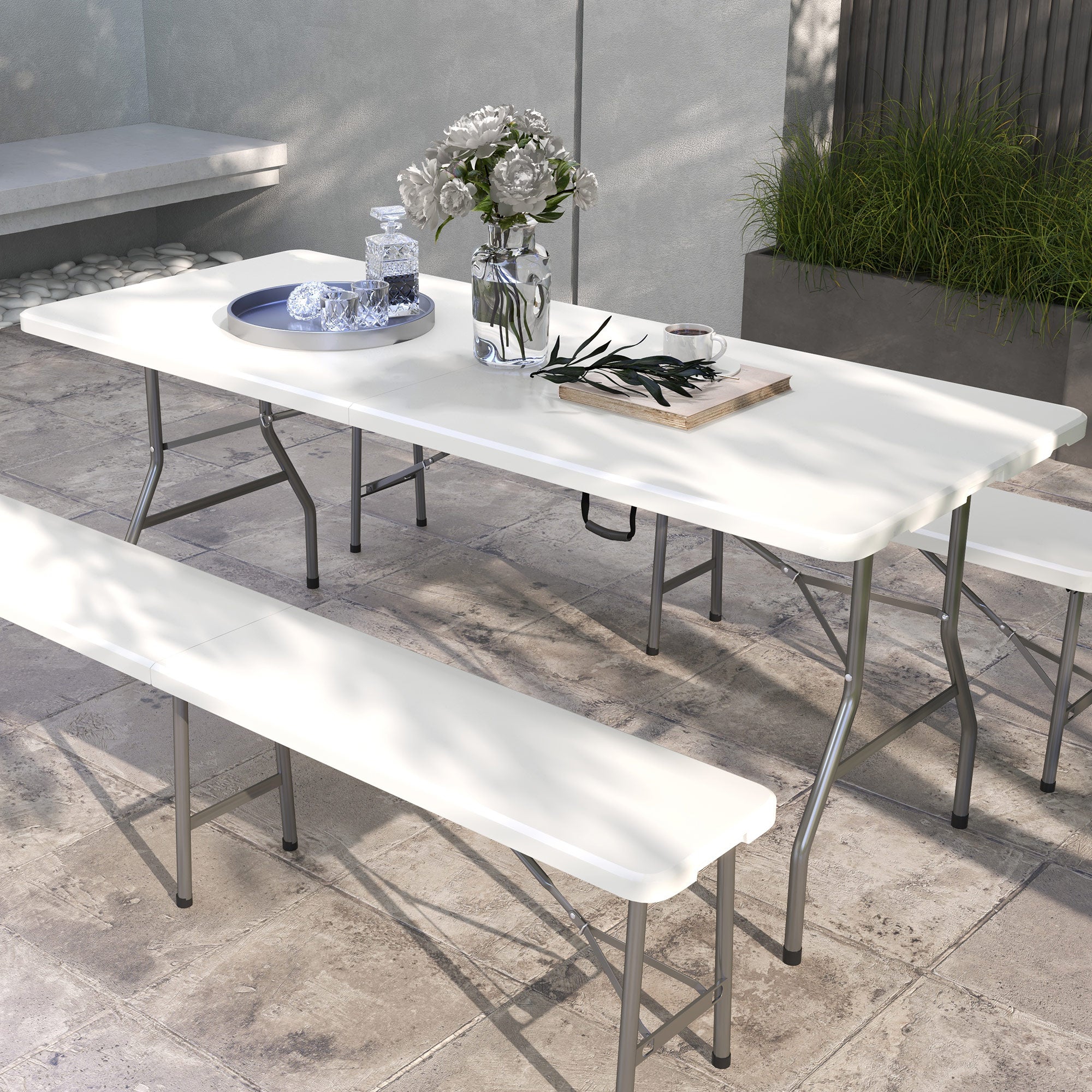 6 Seater Folding Garden Table with HDPE Top and Metal Frame White