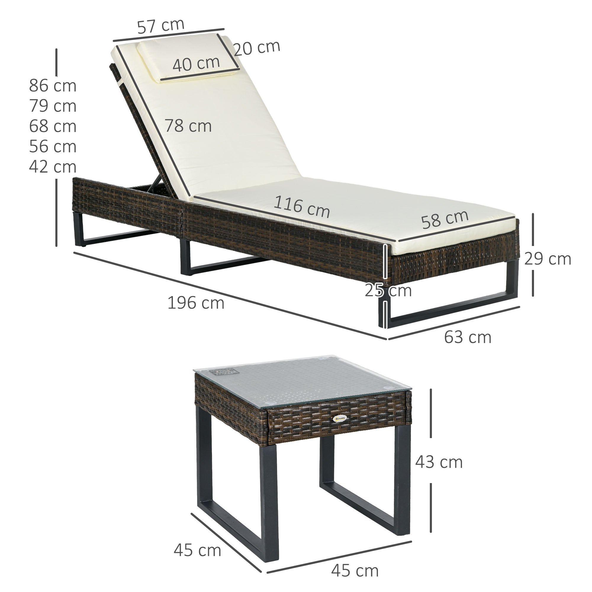 Three-Piece Reclining Lounger Set, with Glass-Top Table - Cream