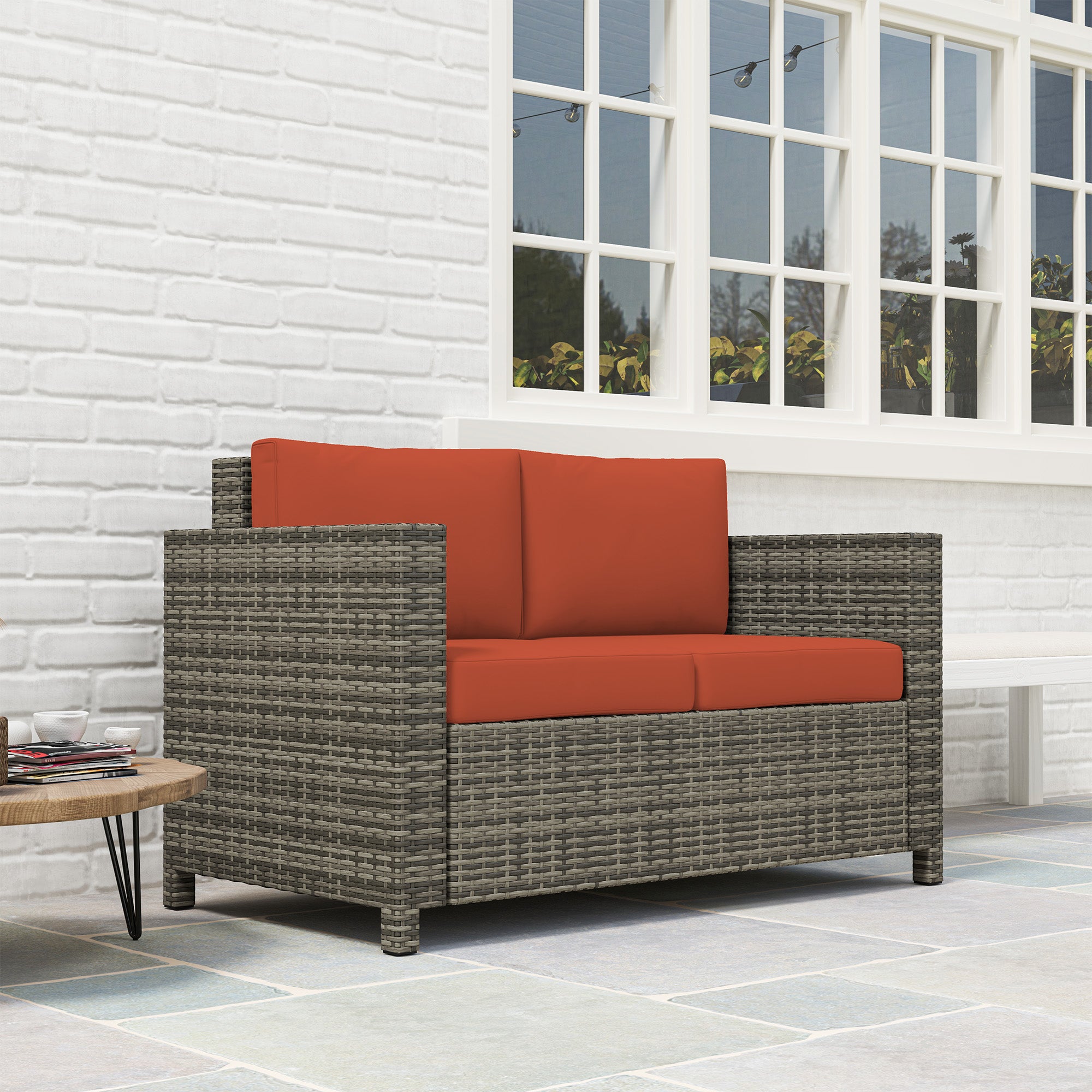 2 Seater Rattan Garden Sofa with Padded Cushions and Armrests - Grey
