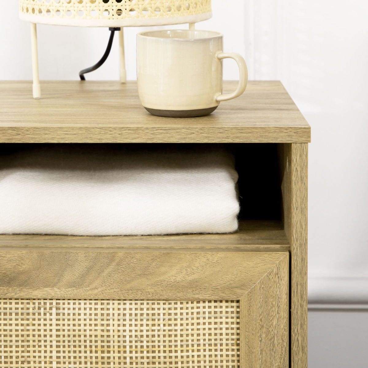 Bedside Table with Rattan Panel, Shelf & Cupboard 39x35x60cm - Natural