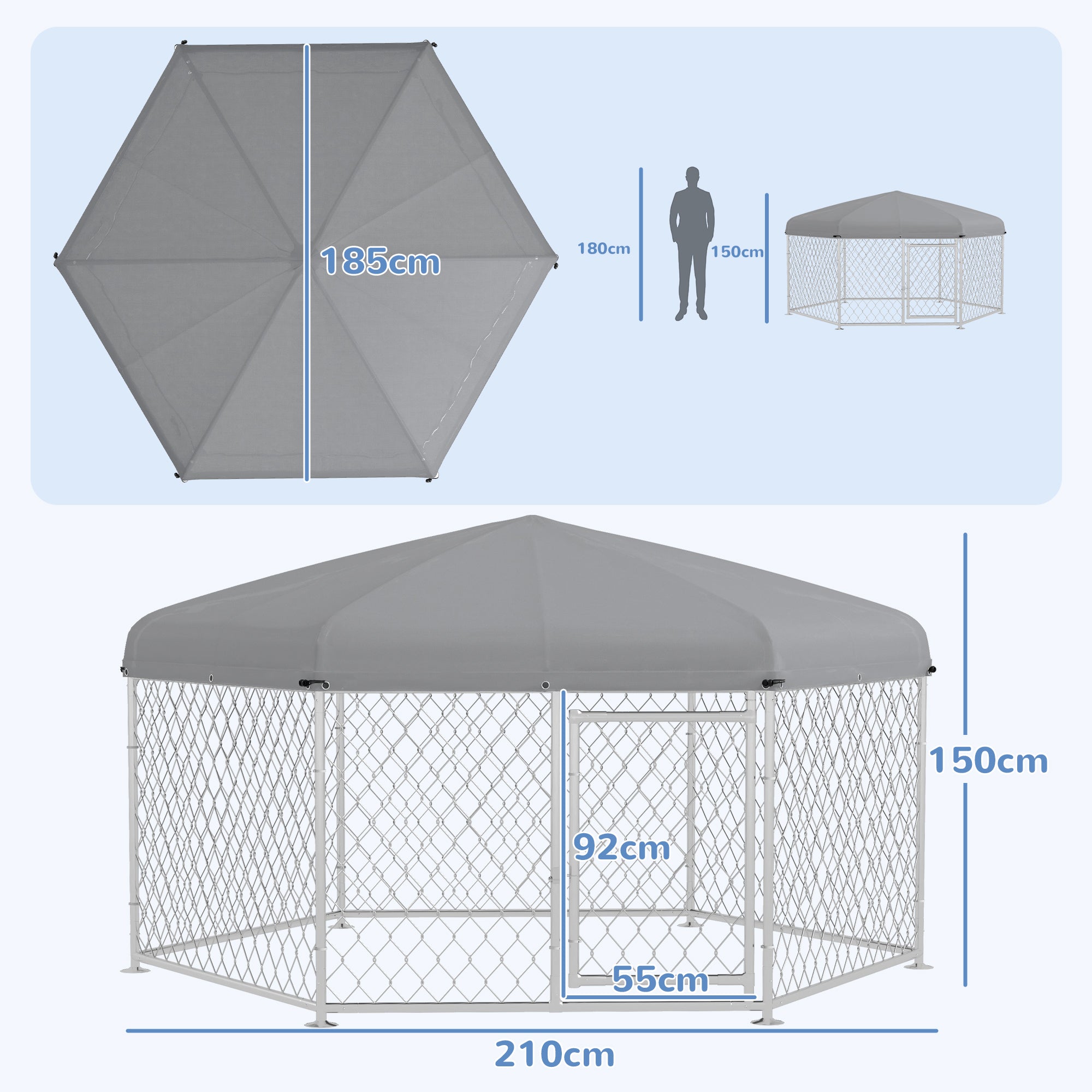 Dog Kennel and Run with Lockable Door, for Garden, Patio, Terrace, Large Dogs, 2.1 x 1.85 x 1.5m