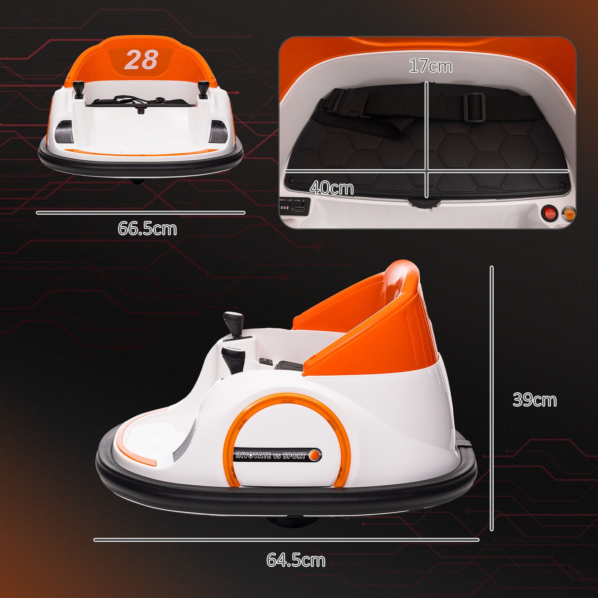 12V 360° Rotation Kids Bumper Car with Remote Control, Dual Joysticks, Music & Lights - Orange