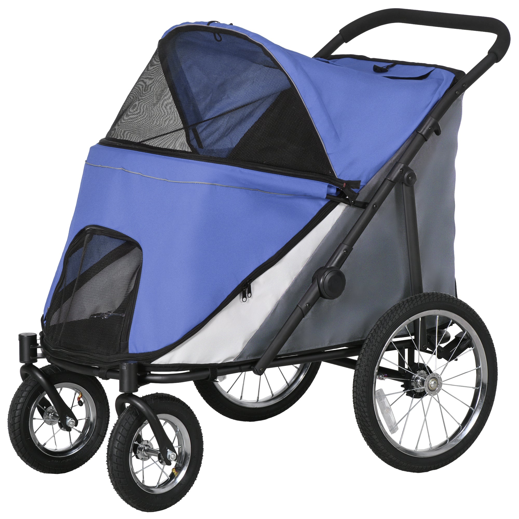 Foldable Pet Stroller, with Washable Cushion, Storage Bags, Safety Leash, for Medium, Large Dogs, Catts, Travel - Blue